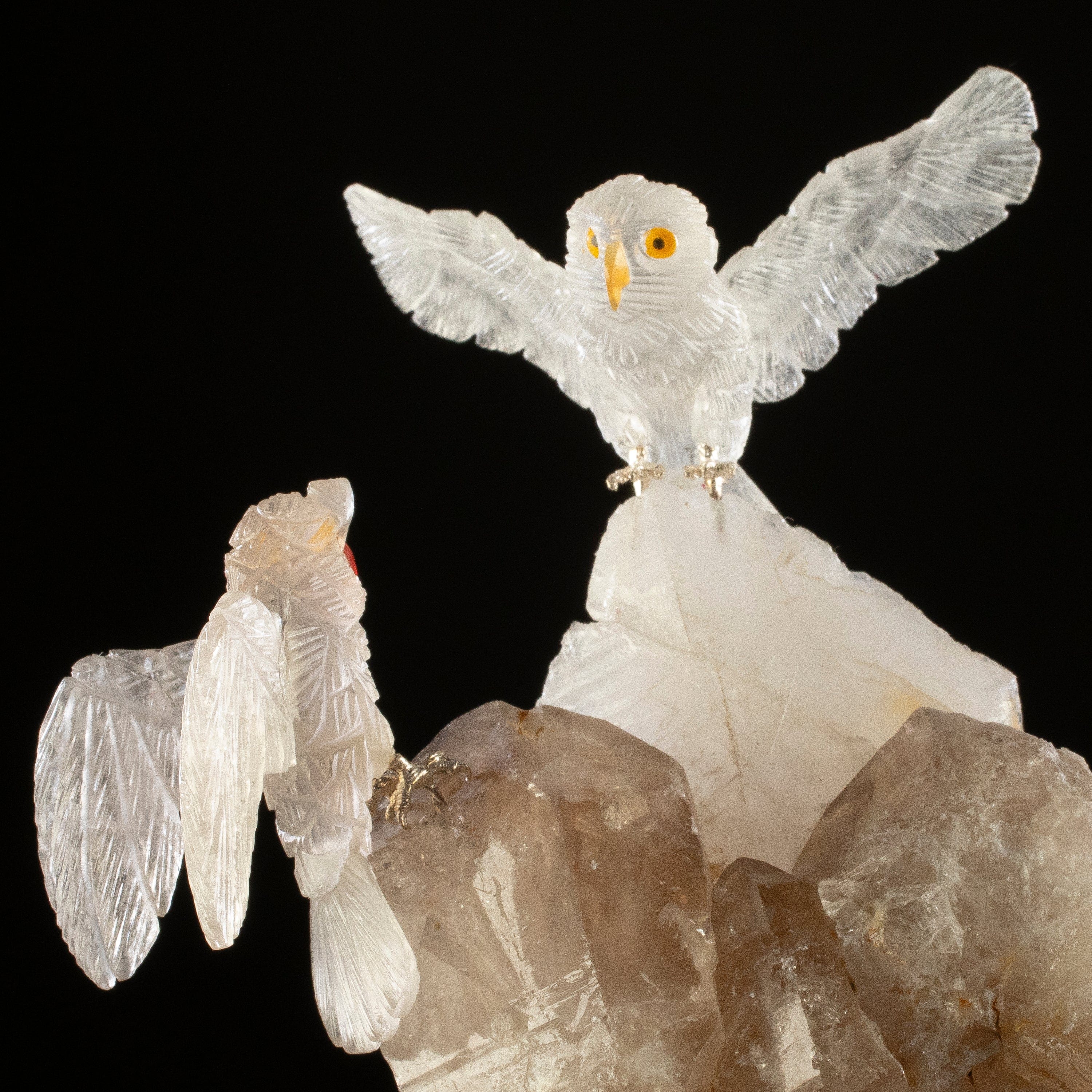 KALIFANO Love Birds Carvings Peter Muller Smoky Quartz Owl Couple Carving on Smoky Quartz Cluster Base LB.C203.009