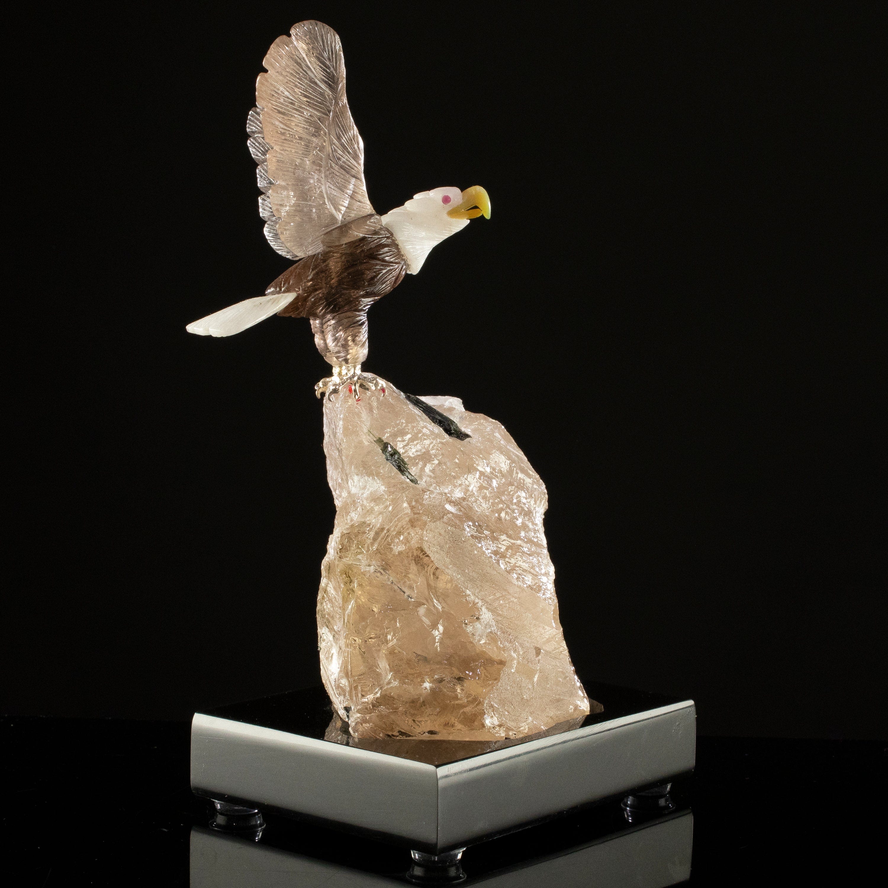 KALIFANO Love Birds Carvings Peter Muller Smoky Quartz & Quartz Eagle Carving on Tourmaline & Smoky Quartz Base LB.C132.005