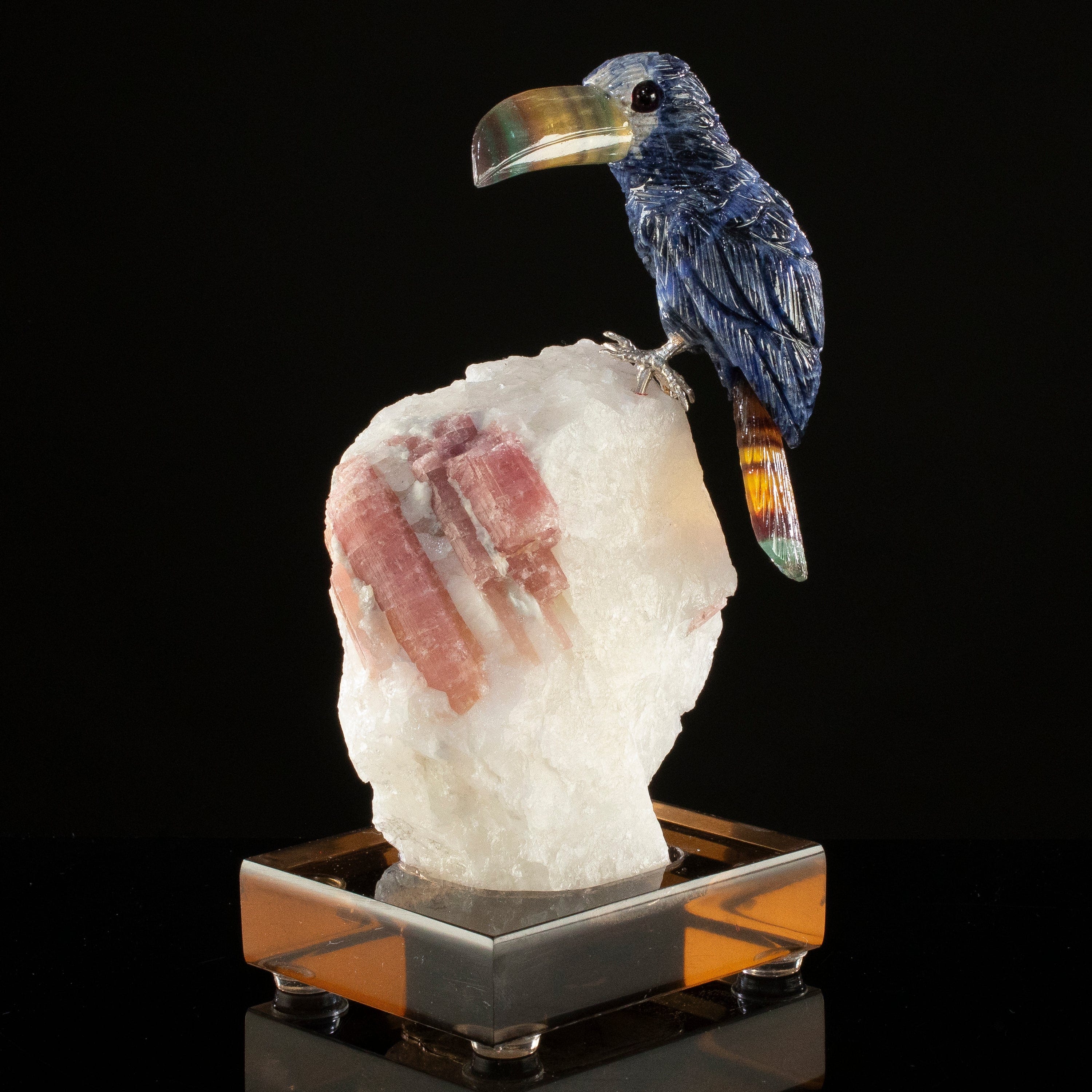 KALIFANO Love Birds Carvings Peter Muller Sodalite & Fluorite Toucan Carving on Rubellite Base LB.B113.001