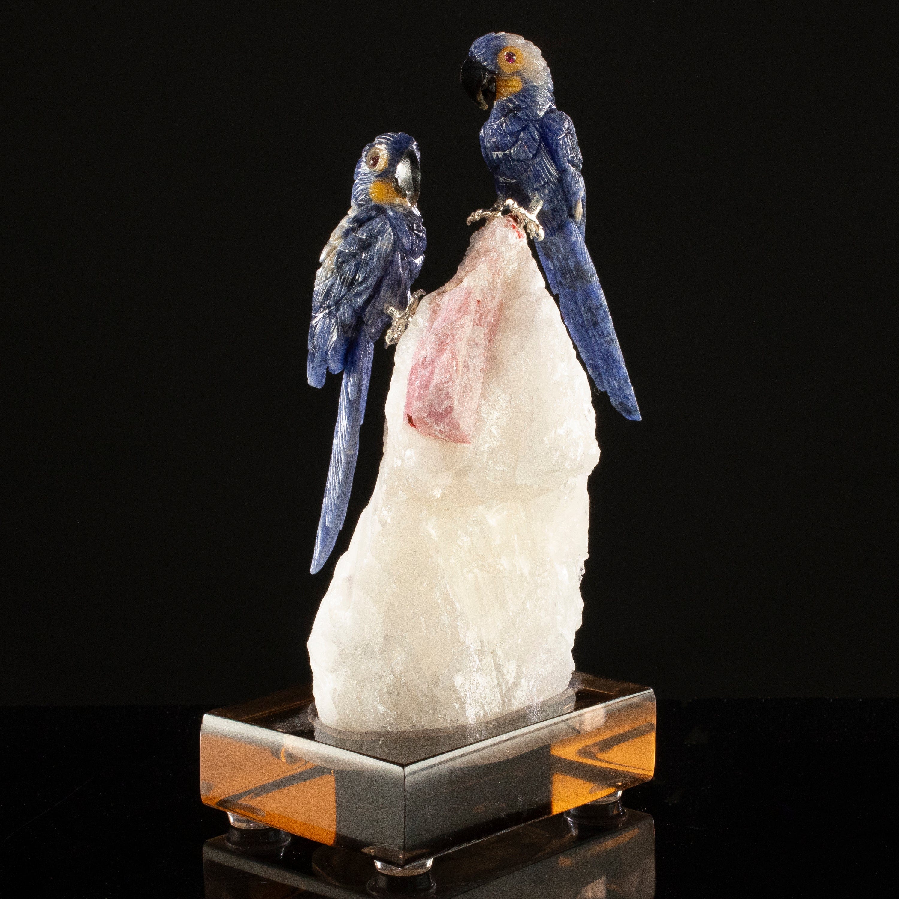 KALIFANO Love Birds Carvings Peter Muller Sodalite Hyacinth Macaw Couple Carving on Rubellite Base LB.C241.009