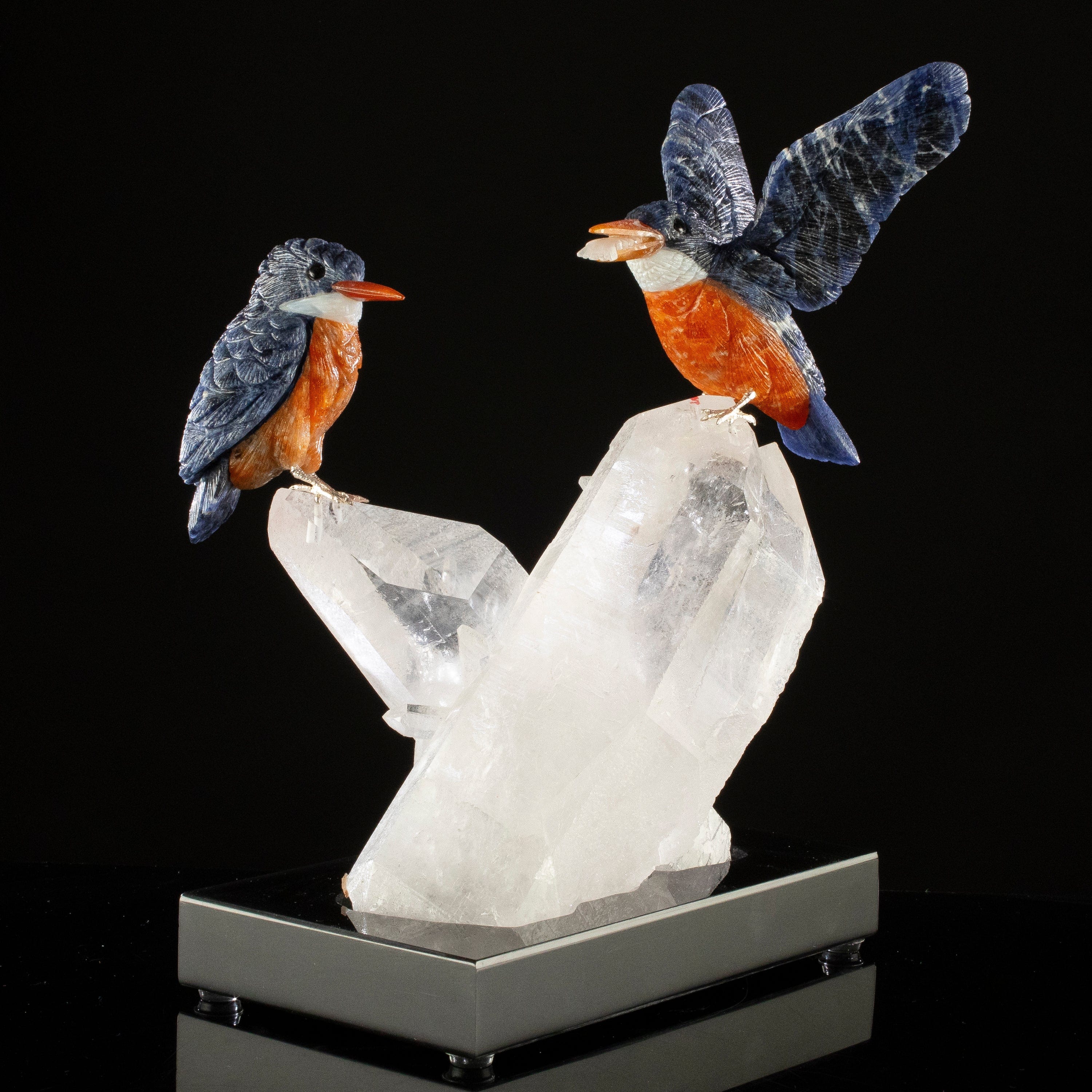 KALIFANO Love Birds Carvings Peter Muller Sodalite Kingfisher Couple Carving on Quartz Cluster Base LB.A430.001