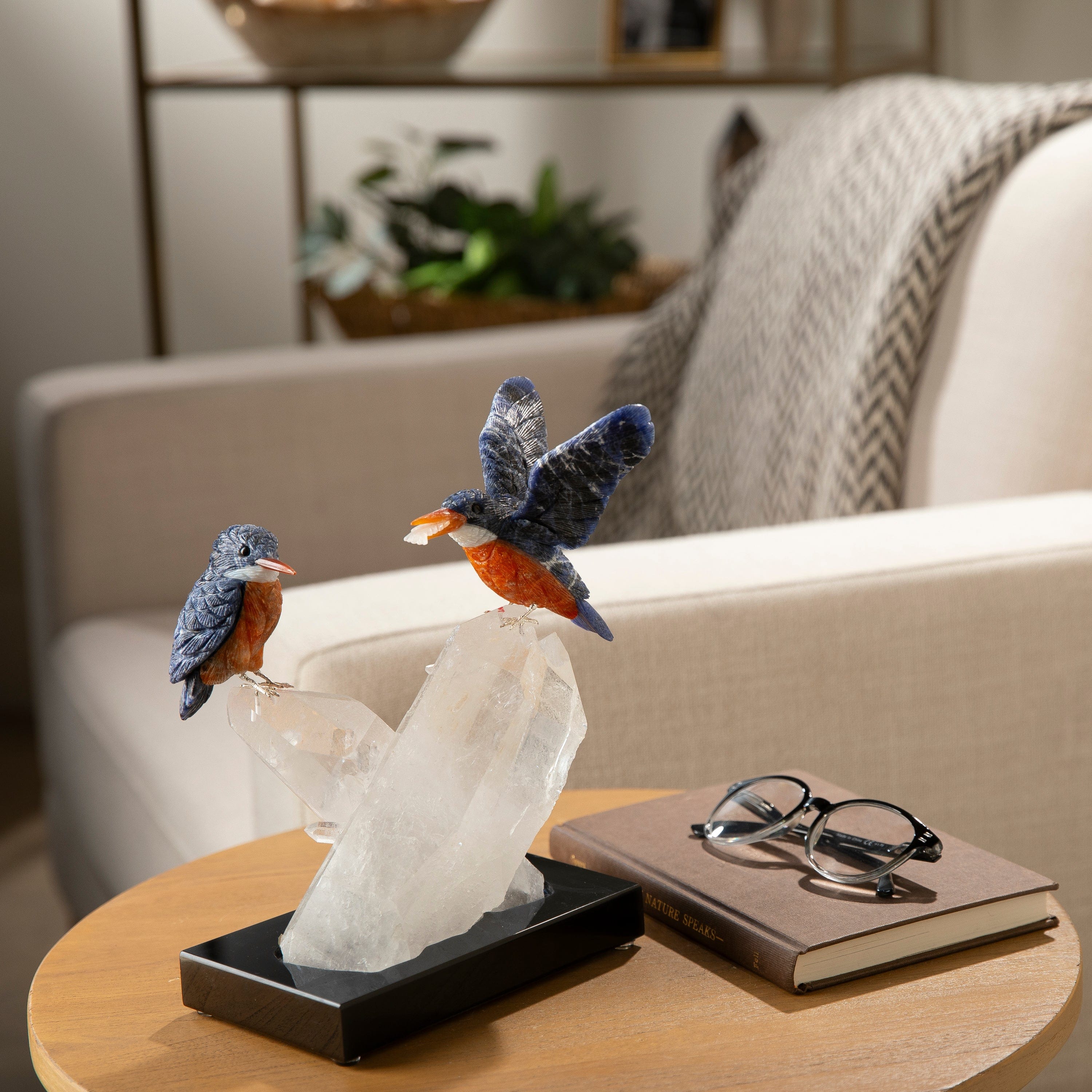 KALIFANO Love Birds Carvings Peter Muller Sodalite Kingfisher Couple Carving on Quartz Cluster Base LB.A430.001