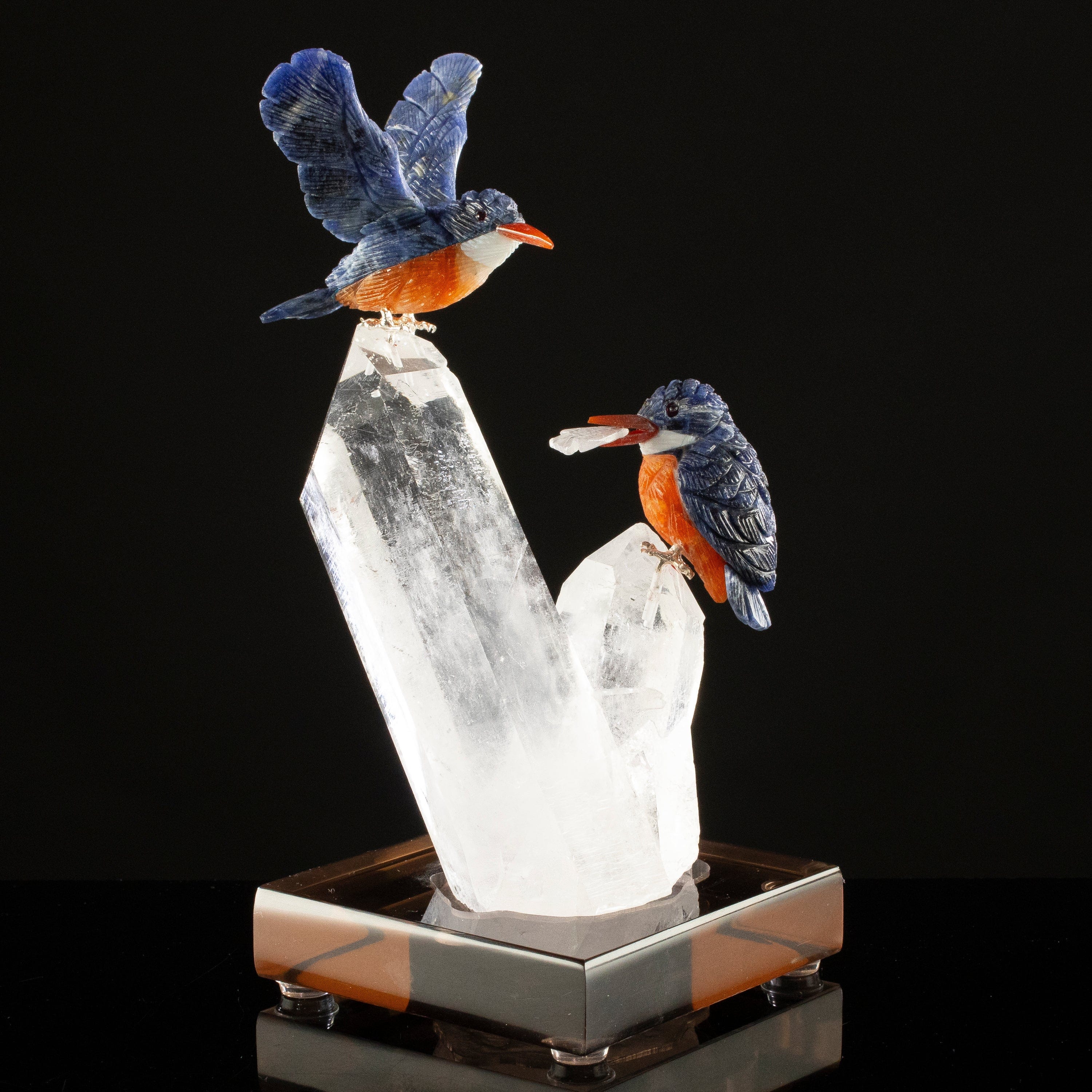 KALIFANO Love Birds Carvings Peter Muller Sodalite Kingfisher Couple Carving on Quartz Cluster Base LB.C235.002