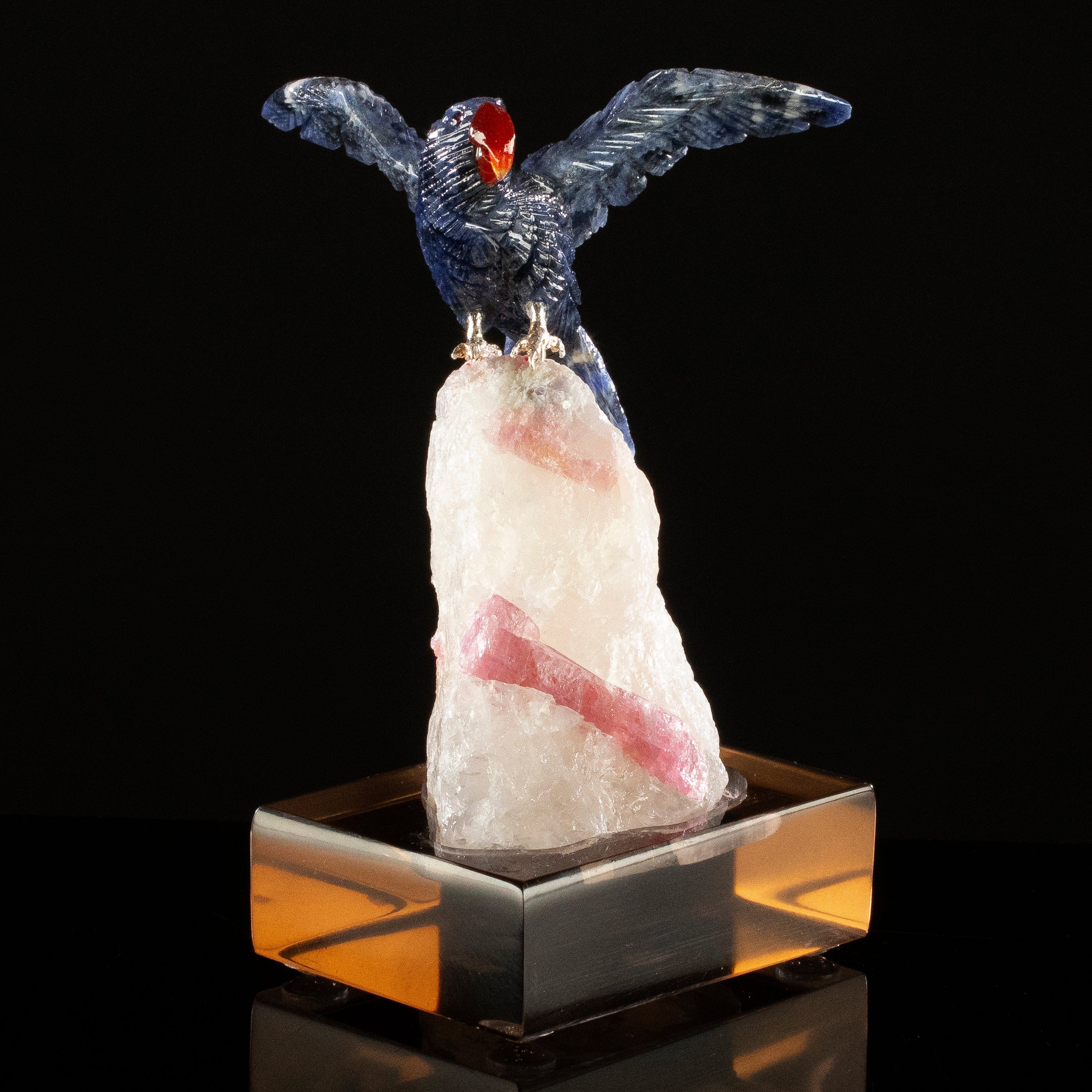 KALIFANO Love Birds Carvings Peter Muller Sodalite Macaw Carving on Rubellite Base LB.C126.015