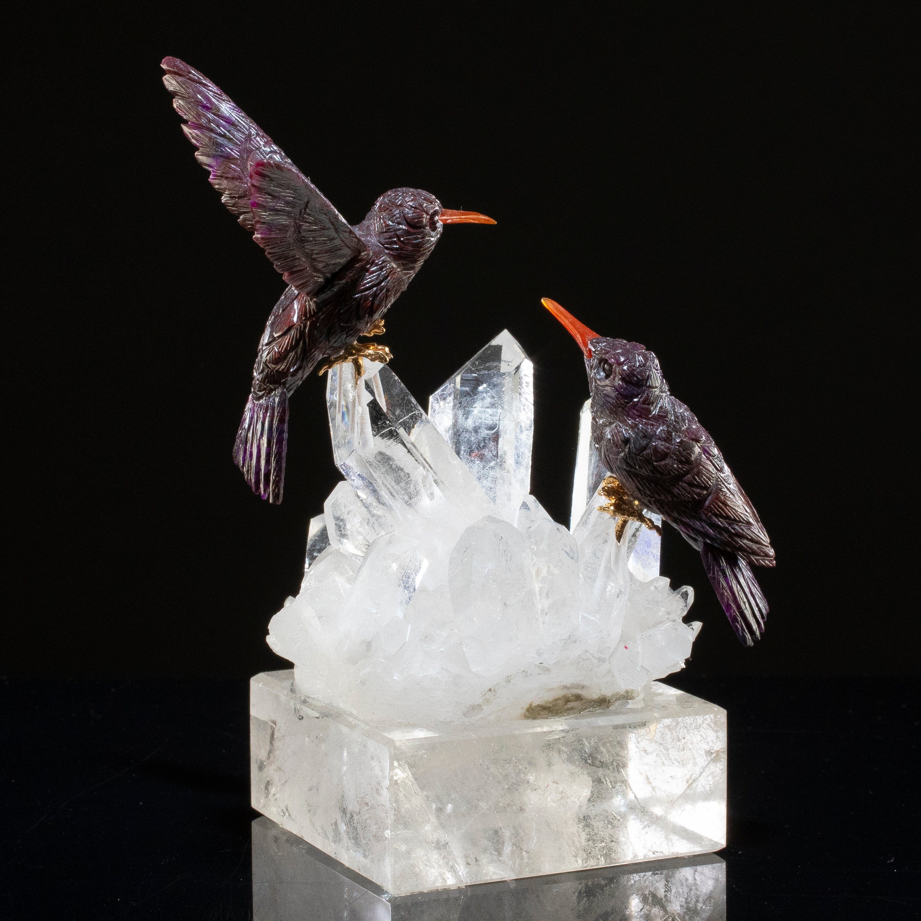 KALIFANO Love Birds Carvings Peter Muller Sugilite Hummingbird Couple Carving on Quartz Cluster Base LB.15000.001