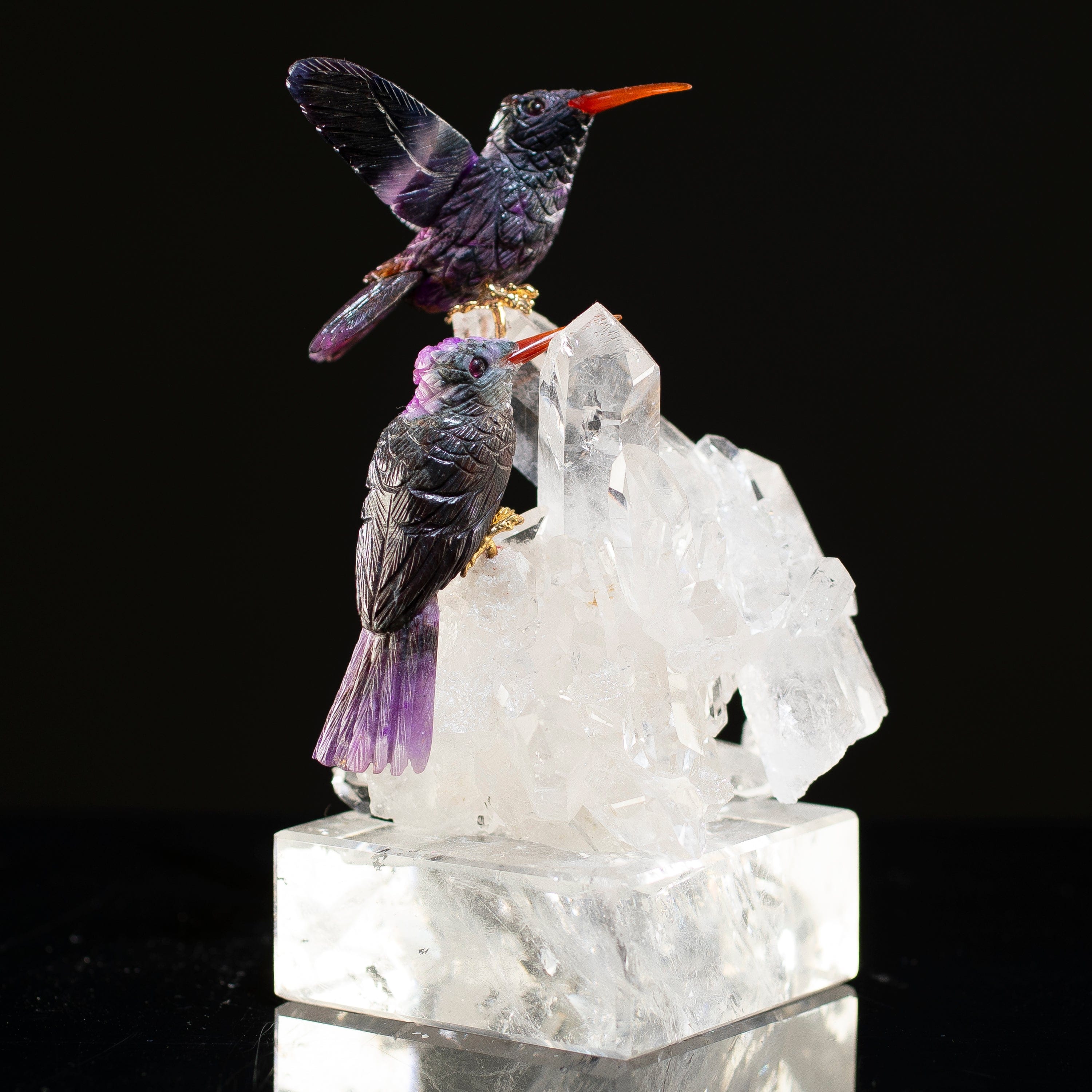 KALIFANO Love Birds Carvings Peter Muller Sugilite Hummingbird Couple Carving on Quartz Cluster Base LB.24000.001