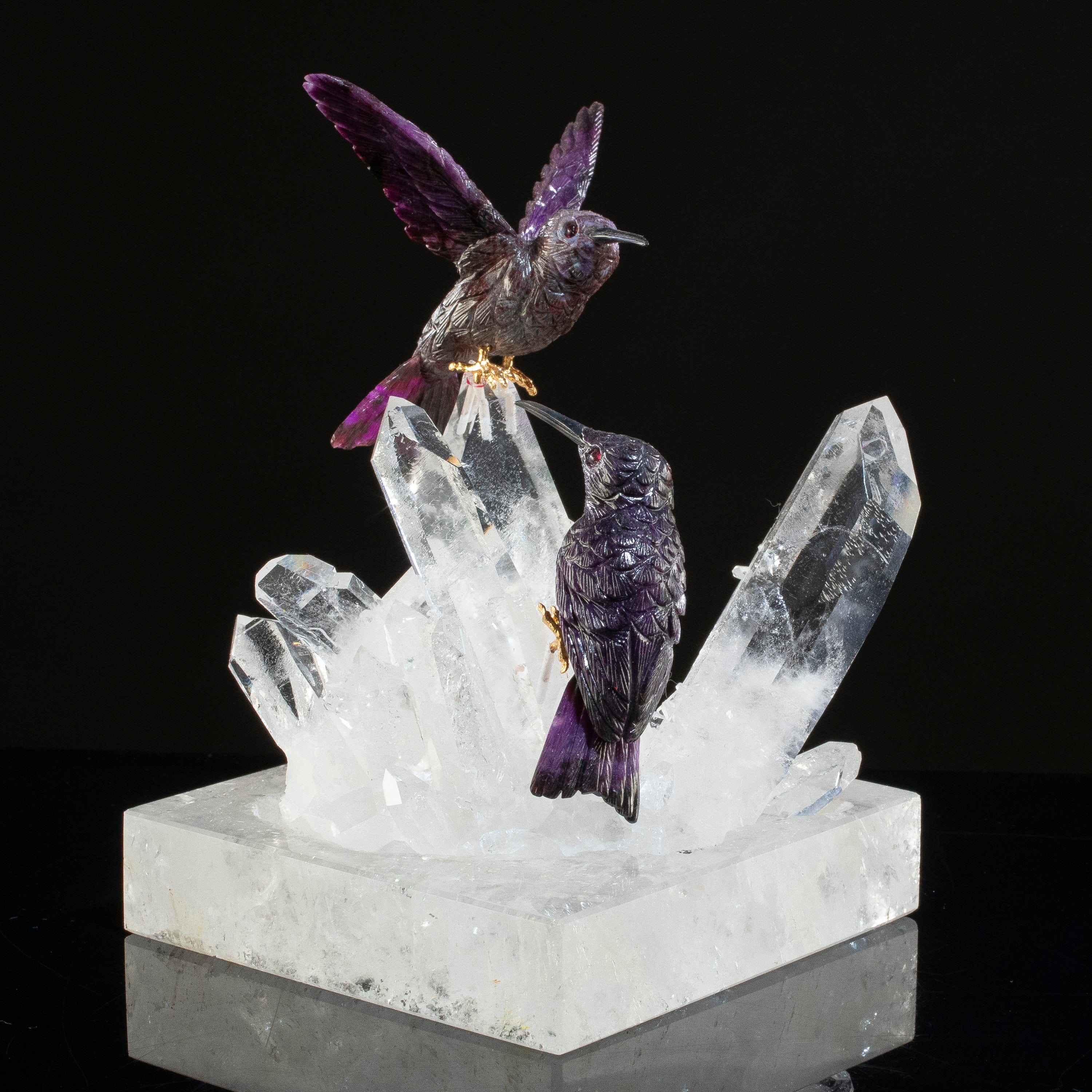 KALIFANO Love Birds Carvings Peter Muller Sugilite Hummingbird Couple Carving on Quartz Cluster Base LB.30000.001