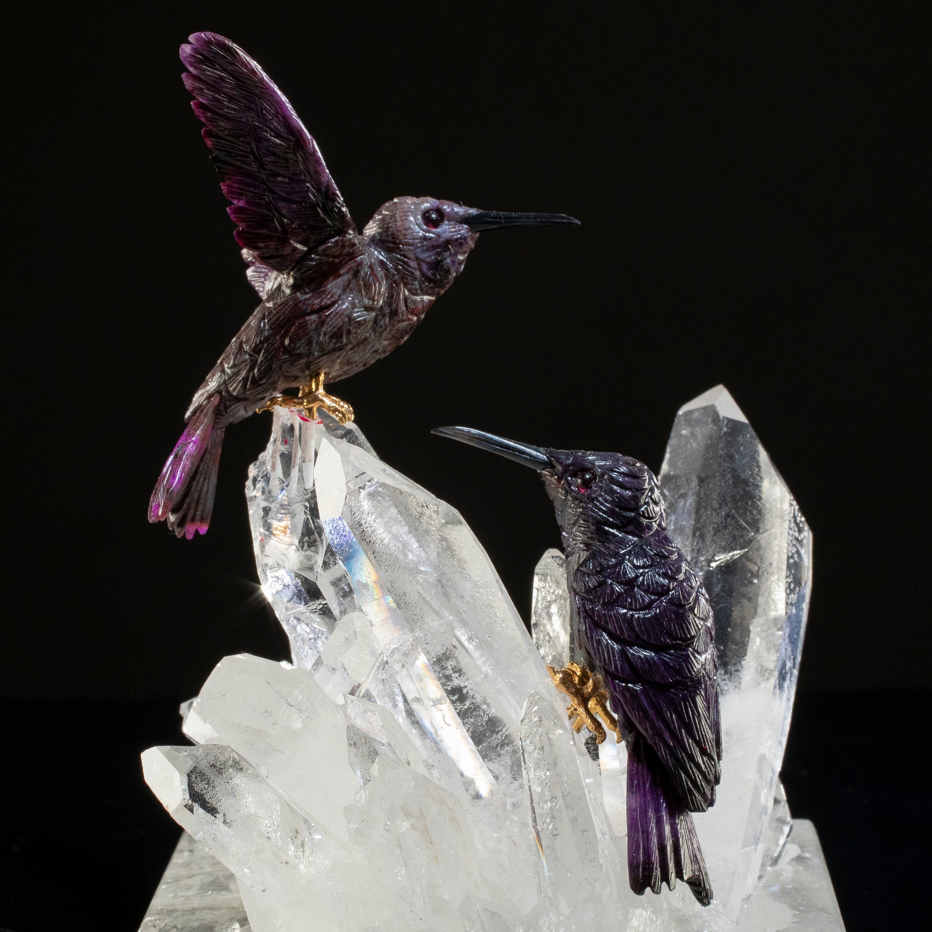 KALIFANO Love Birds Carvings Peter Muller Sugilite Hummingbird Couple Carving on Quartz Cluster Base LB.30000.001