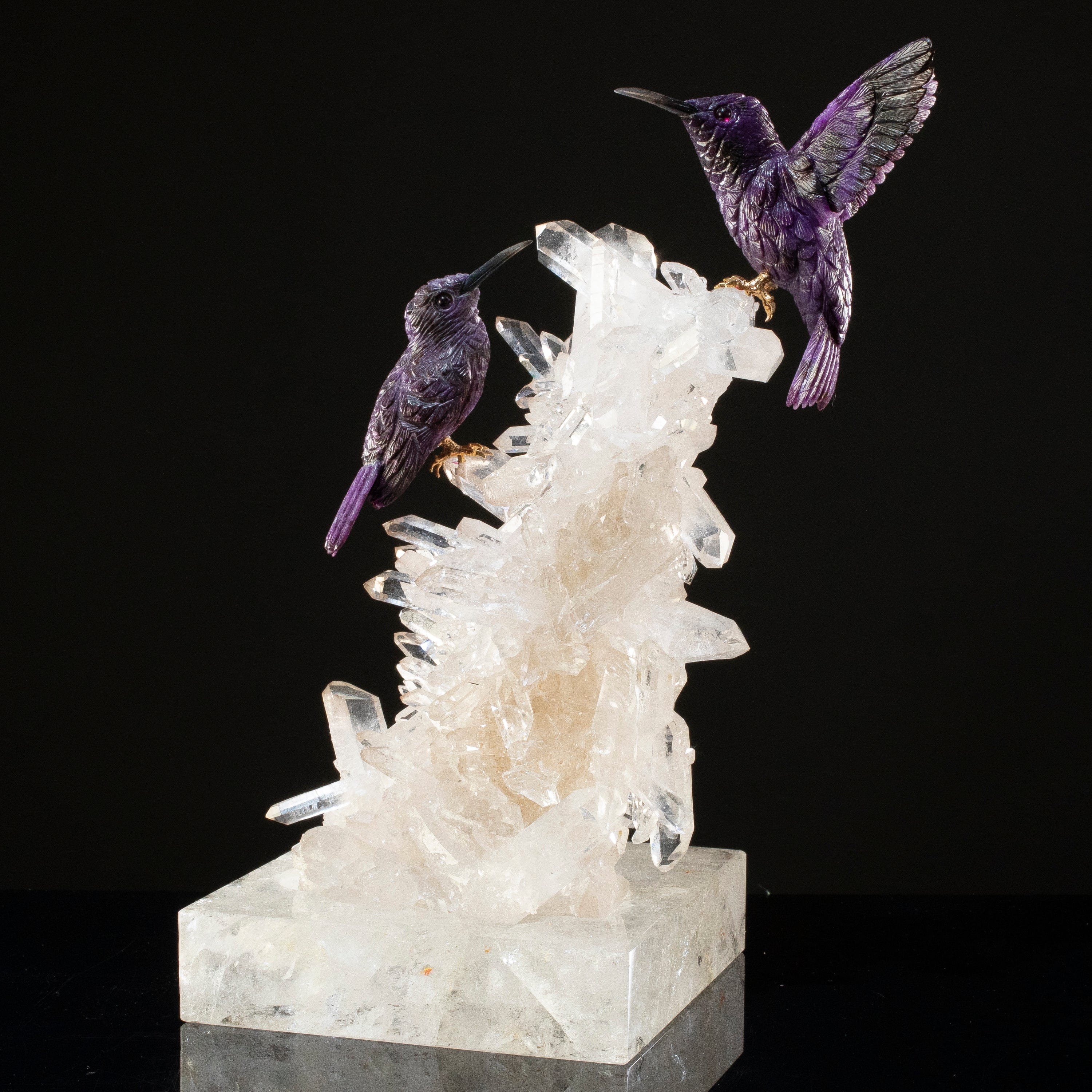 KALIFANO Love Birds Carvings Peter Muller Sugilite Hummingbird Couple Carving on Quartz Cluster Base LB.58000.001