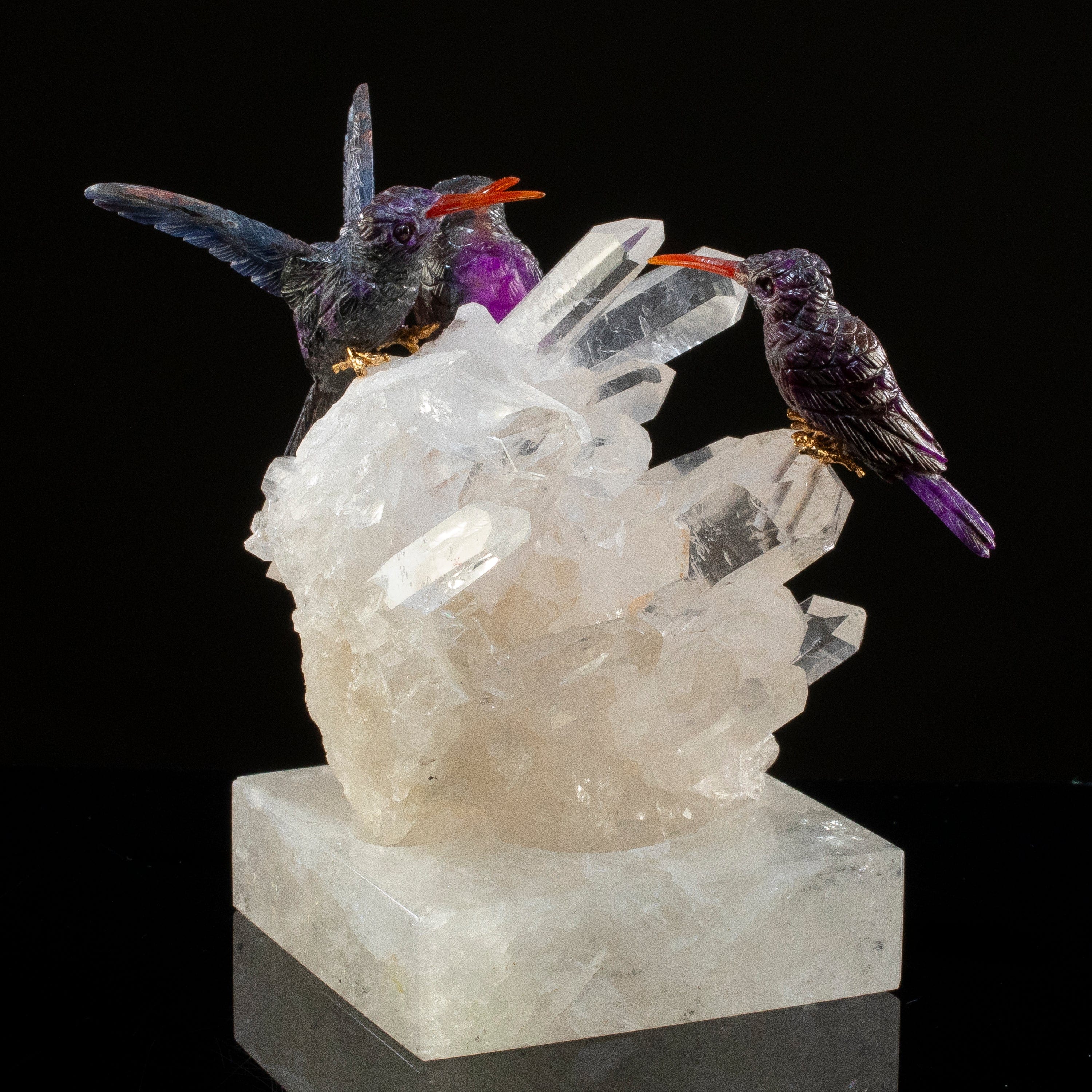 KALIFANO Love Birds Carvings Peter Muller Sugilite Hummingbird Family Carving on Quartz Cluster Base LB.22000.001