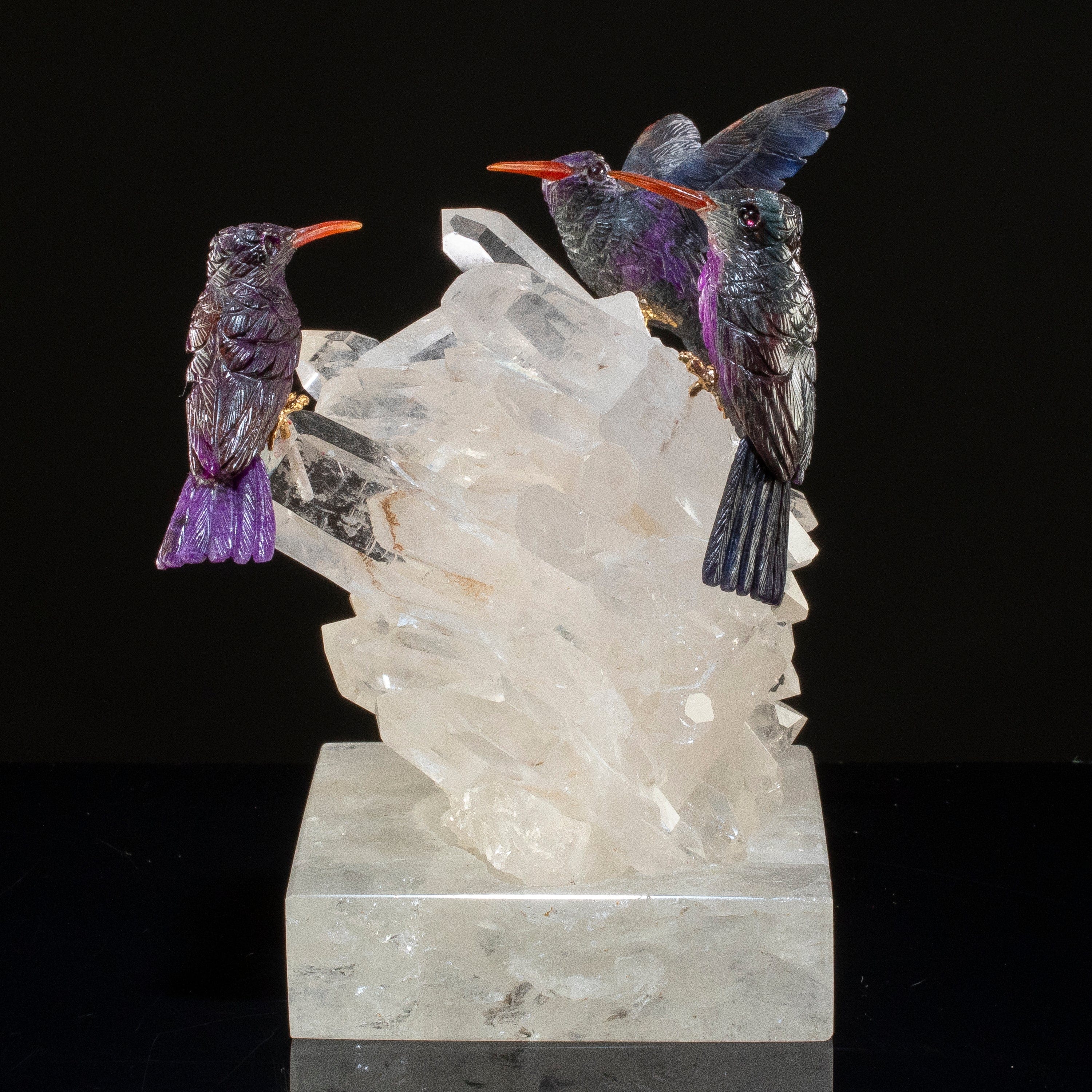 KALIFANO Love Birds Carvings Peter Muller Sugilite Hummingbird Family Carving on Quartz Cluster Base LB.22000.001