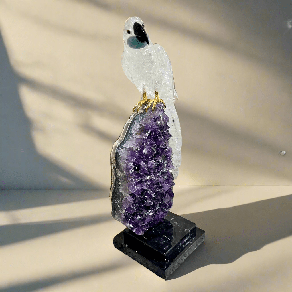 KALIFANO Love Birds Carvings Quartz Falcon Carving on Amethyst Geode Base - 21" LB44000.002