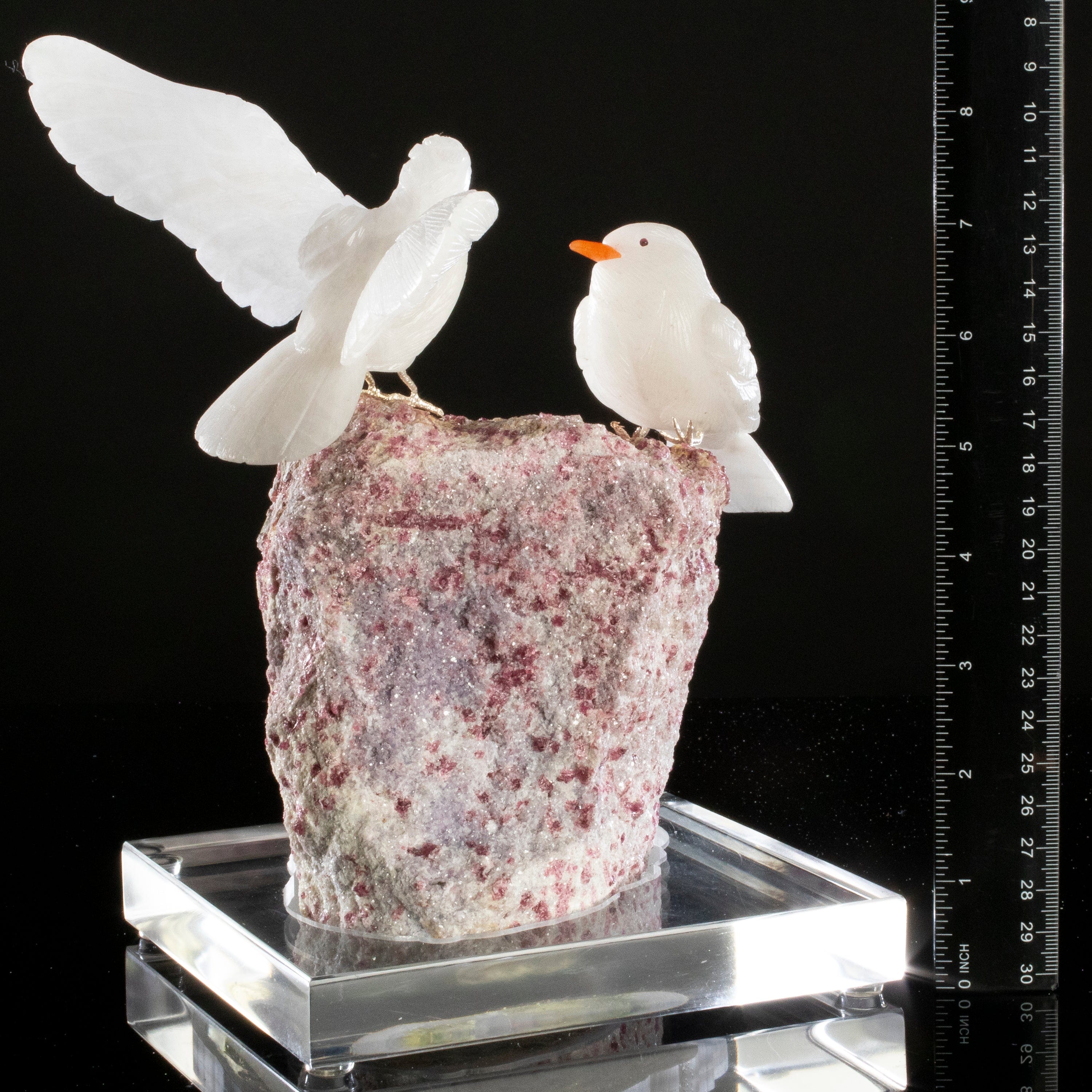 Kalifano Love Birds Carvings Quartz Pigeon Love Bird Carving on Pink Tourmaline Base LB.A270.001