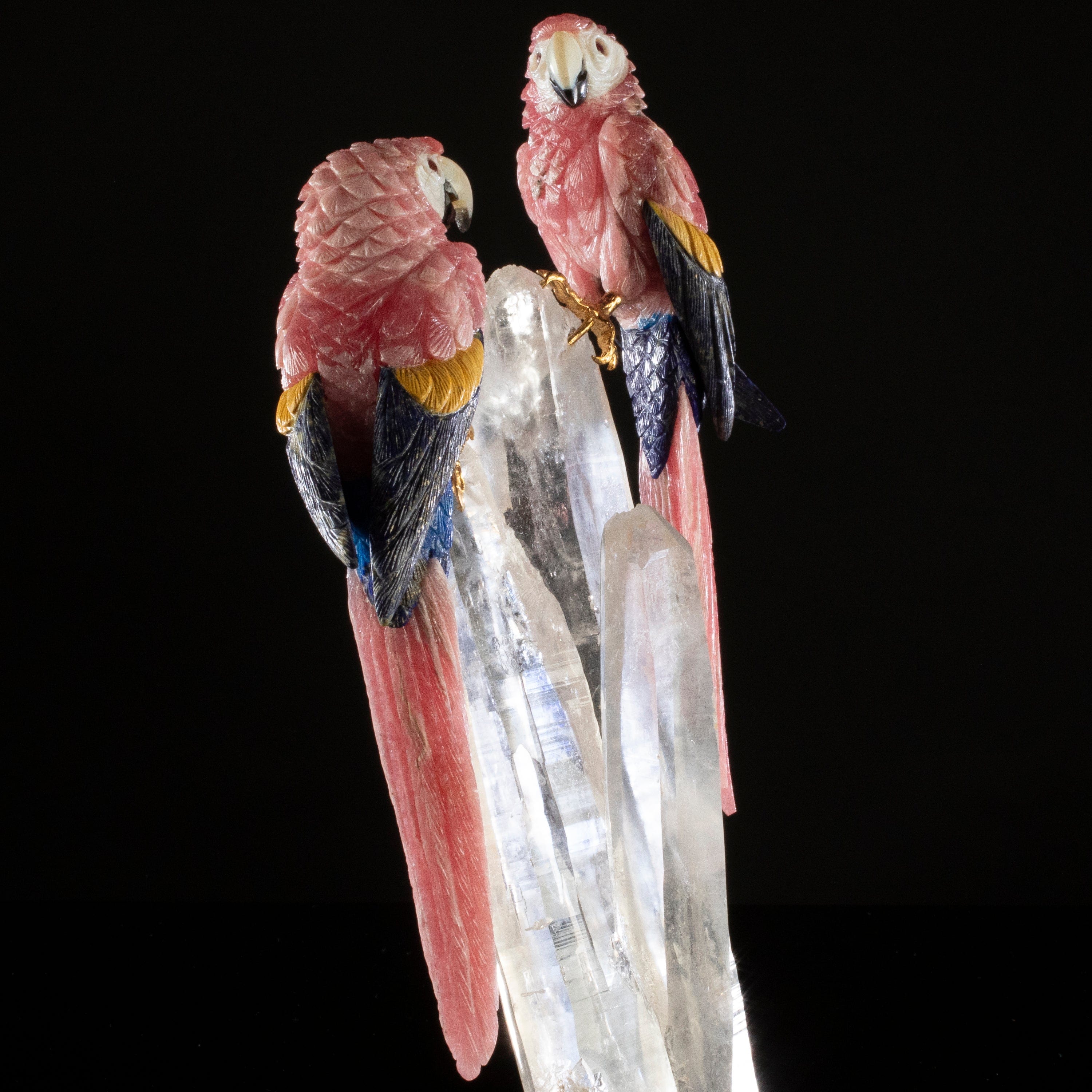 Kalifano Love Birds Carvings Rhodochrosite & Lapis & Mokaite Macaw Couple Love Birds Carving on Clear Quartz Point Cluster Base LB.11176.001