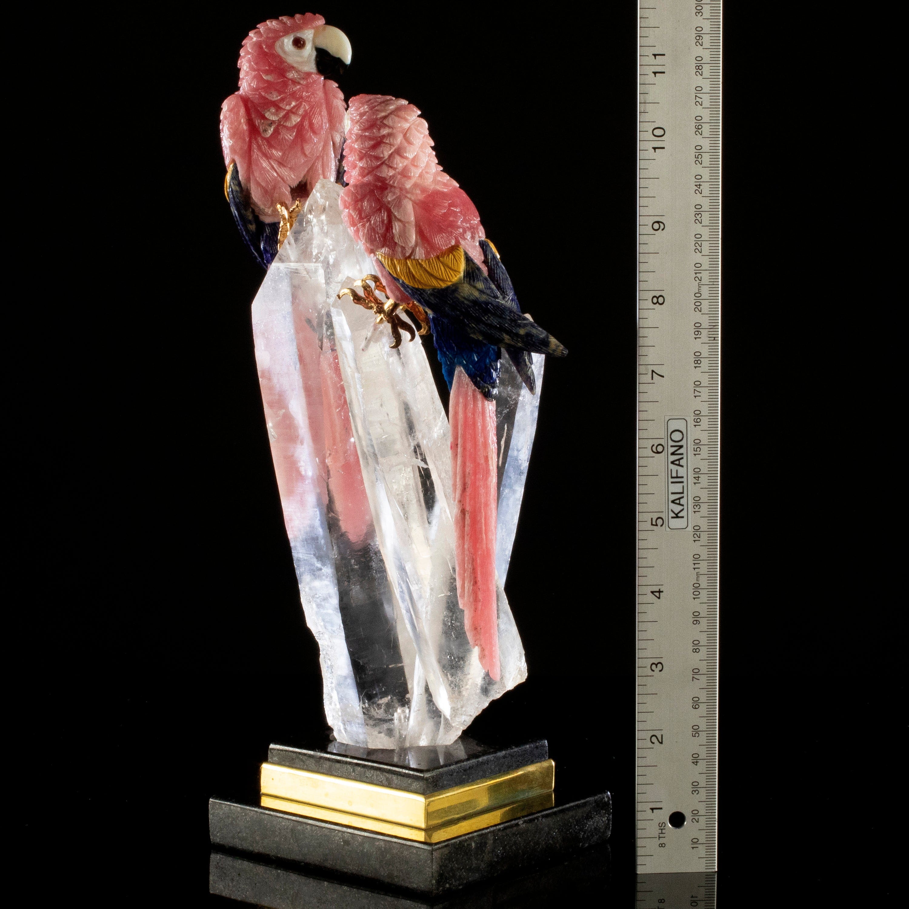 Kalifano Love Birds Carvings Rhodochrosite & Lapis & Mokaite Macaw Couple Love Birds Carving on Clear Quartz Point Cluster Base LB.11176.001