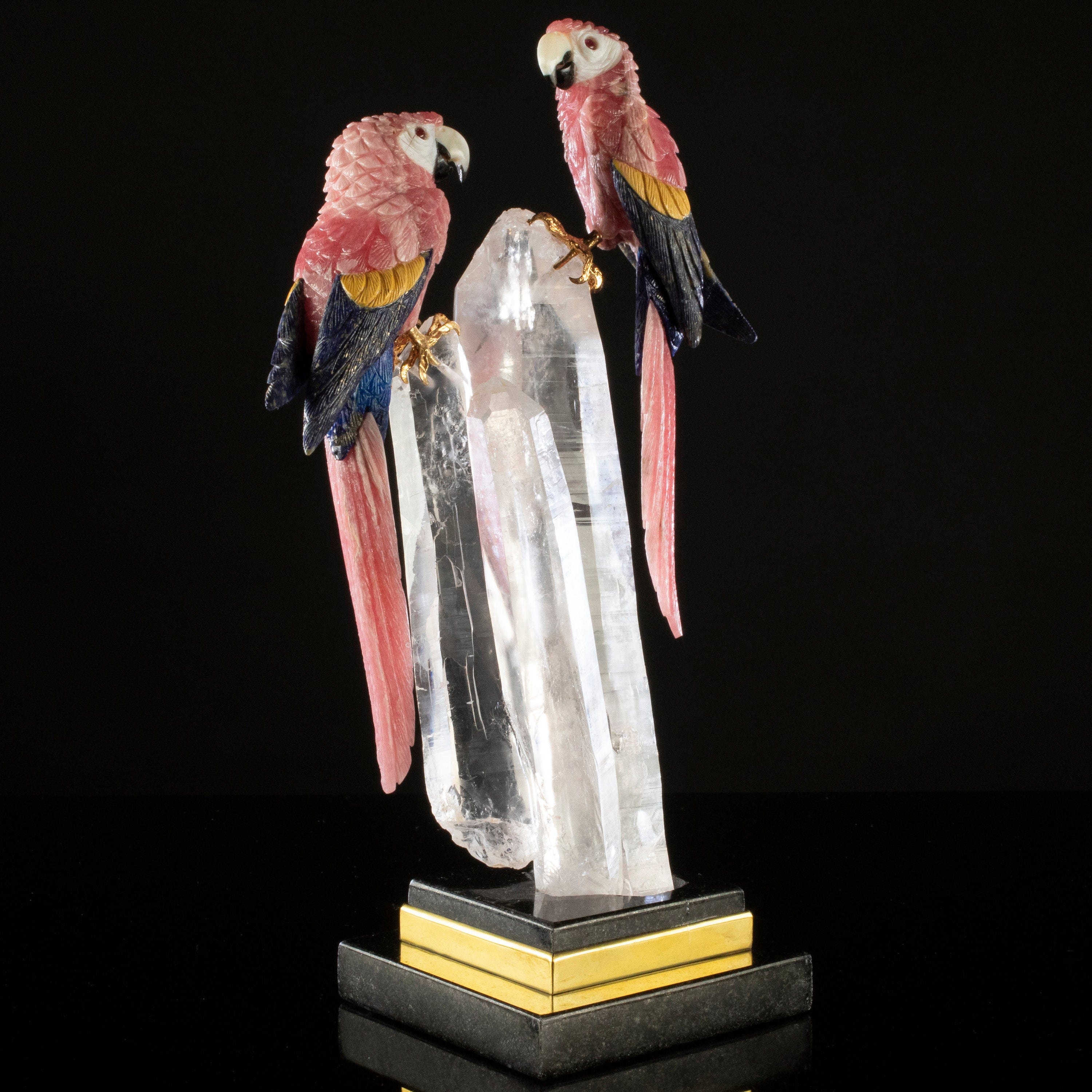 Kalifano Love Birds Carvings Rhodochrosite & Lapis & Mokaite Macaw Couple Love Birds Carving on Clear Quartz Point Cluster Base LB.11176.001