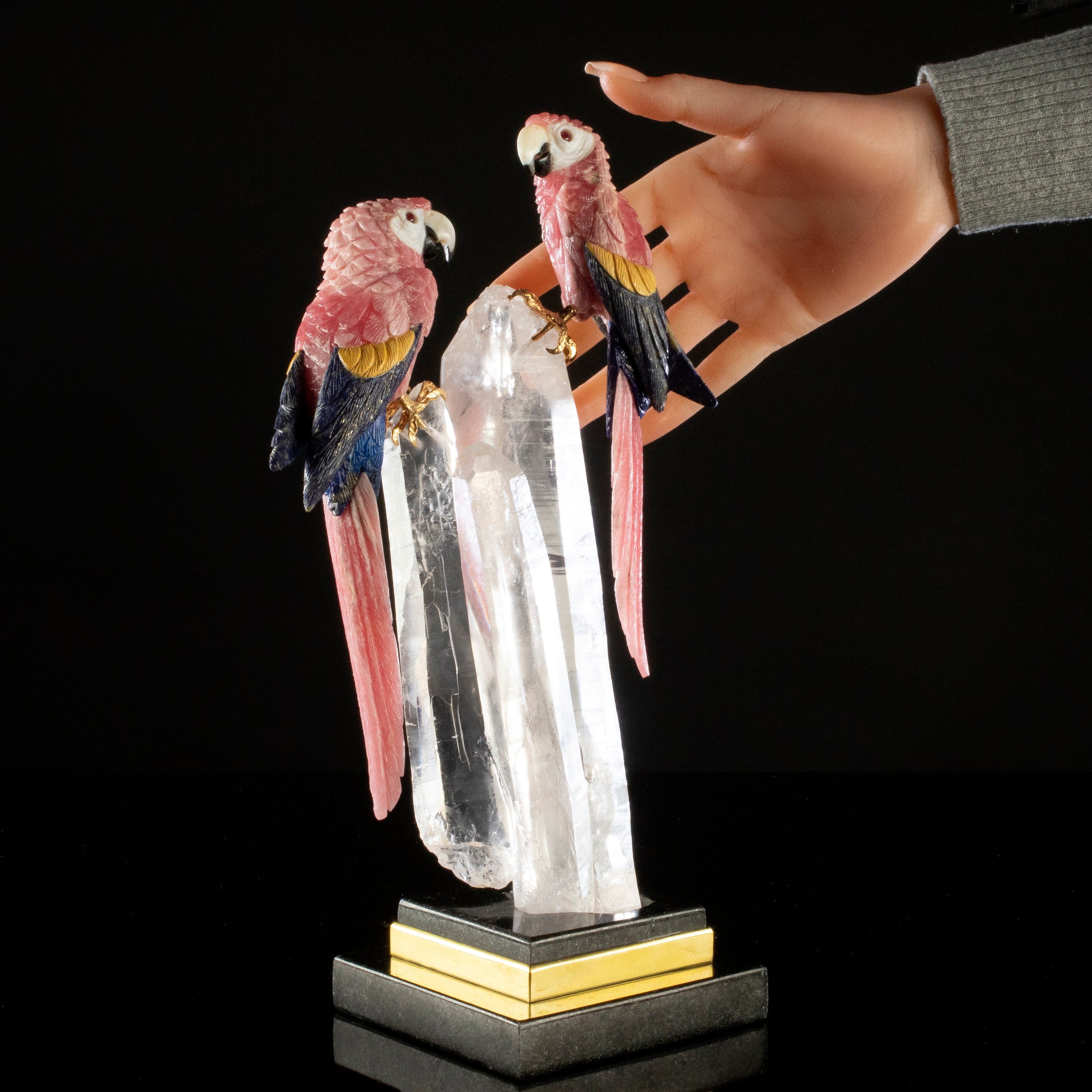 Kalifano Love Birds Carvings Rhodochrosite & Lapis & Mokaite Macaw Couple Love Birds Carving on Clear Quartz Point Cluster Base LB.11176.001