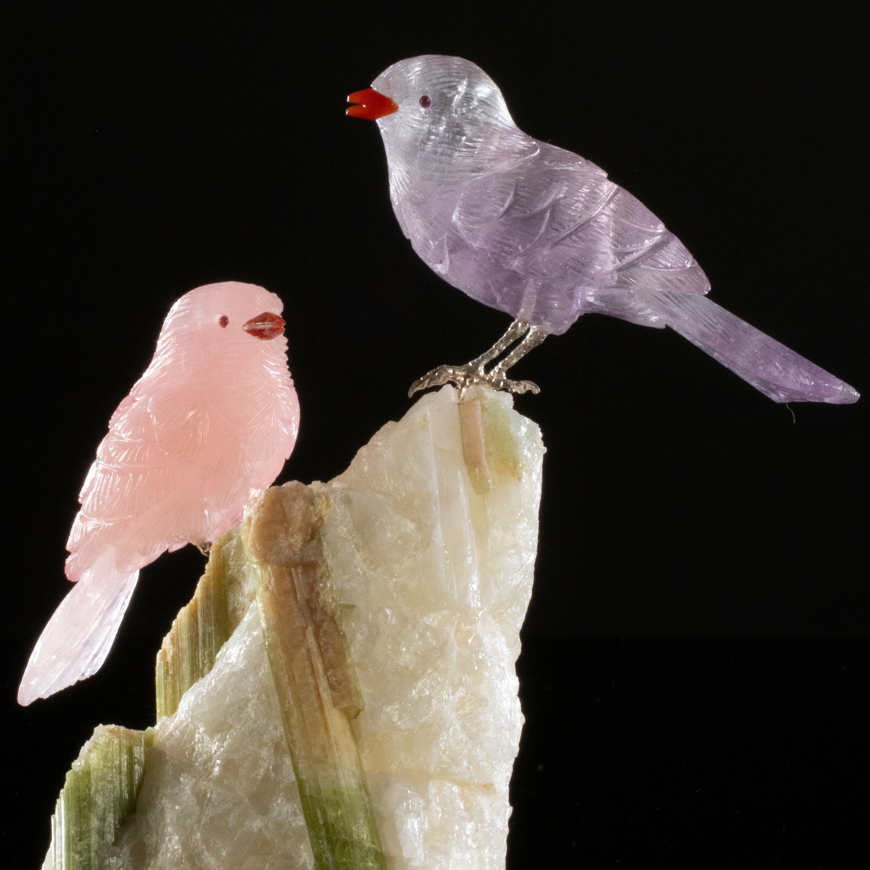 Kalifano Love Birds Carvings Rose Quartz & Amethyst Sparrow Couple Love Birds Carving on Watermelon Tourmaline Base LB.A201.003