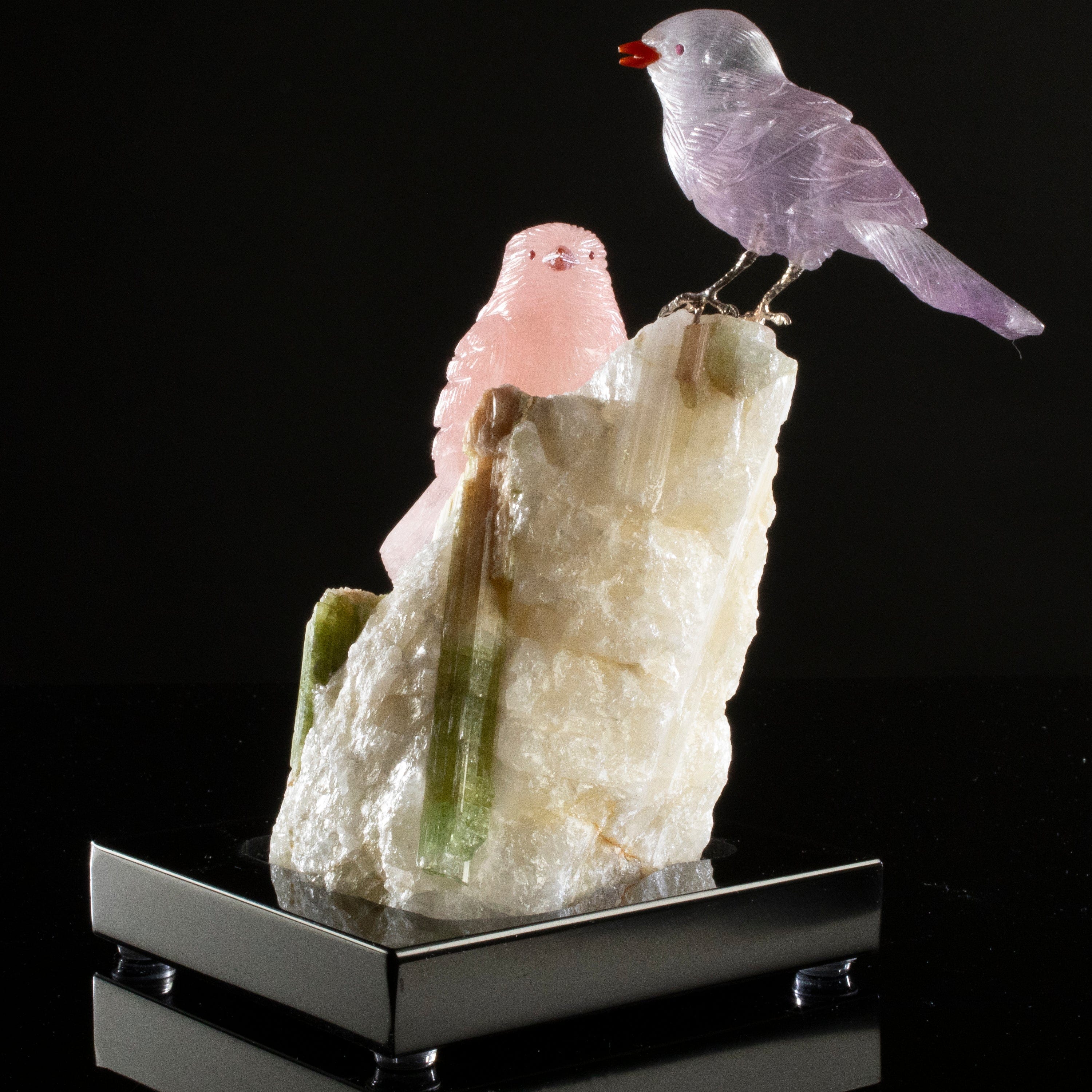 Kalifano Love Birds Carvings Rose Quartz & Amethyst Sparrow Couple Love Birds Carving on Watermelon Tourmaline Base LB.A201.003