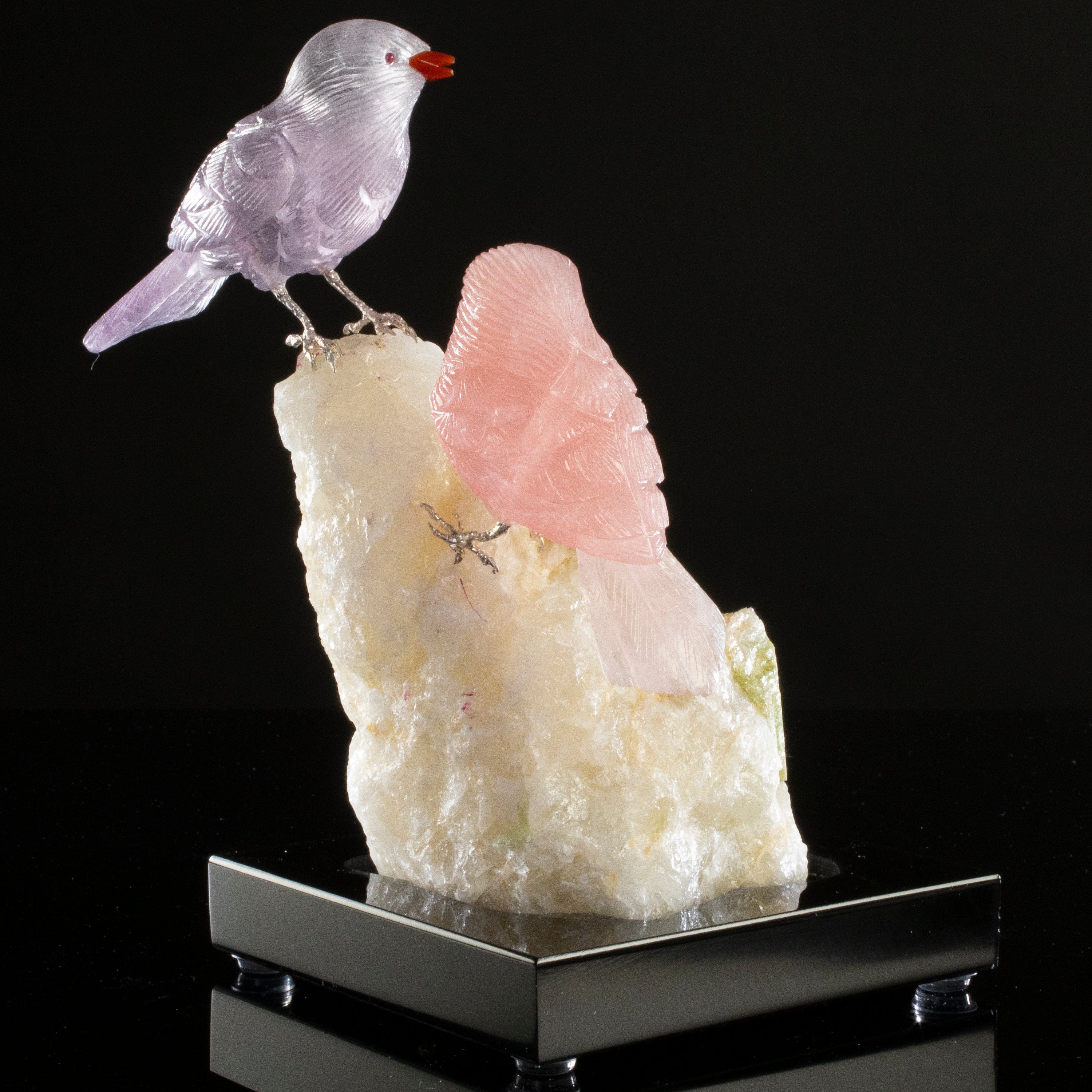 Kalifano Love Birds Carvings Rose Quartz & Amethyst Sparrow Couple Love Birds Carving on Watermelon Tourmaline Base LB.A201.003