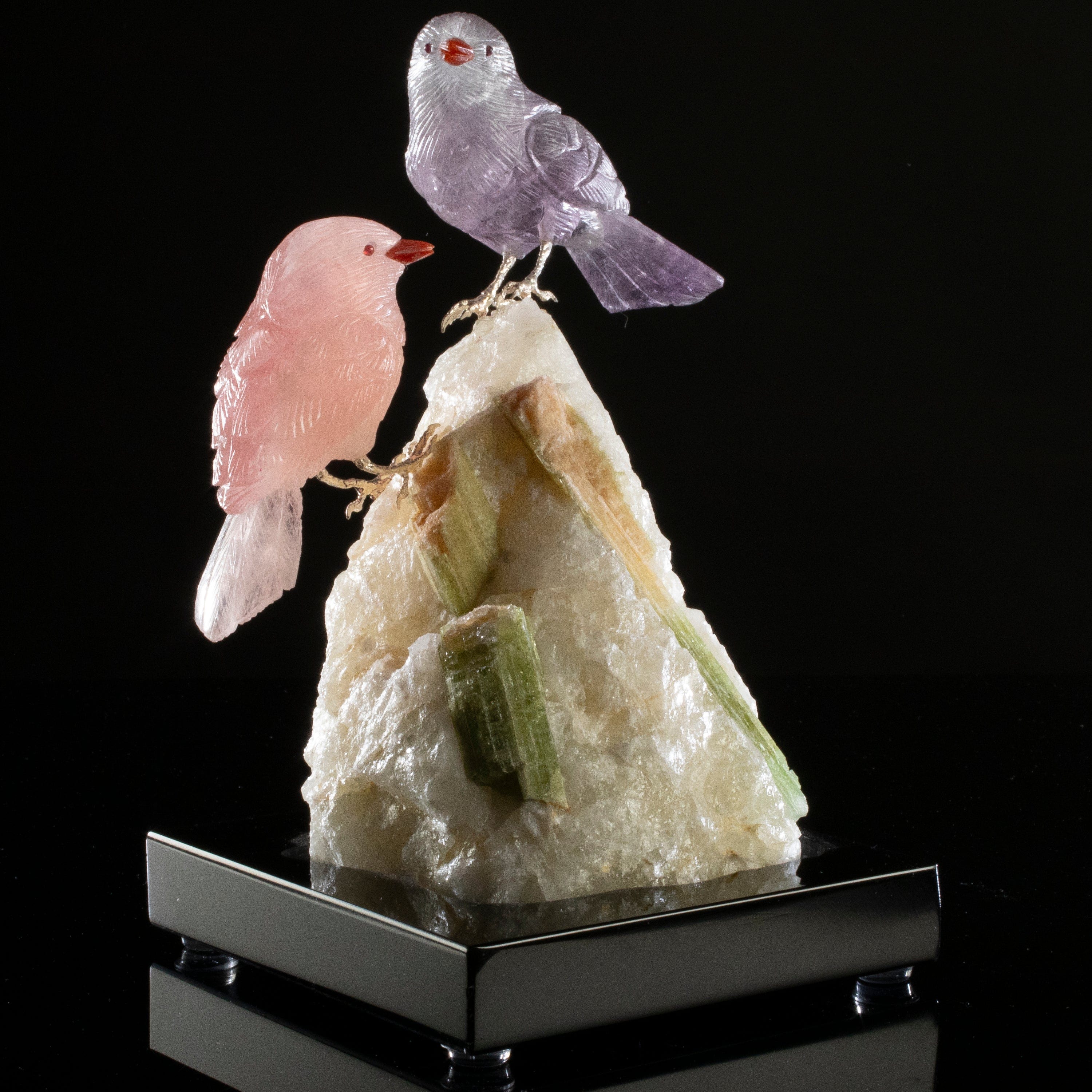 Kalifano Love Birds Carvings Rose Quartz & Amethyst Sparrow Couple Love Birds Carving on Watermelon Tourmaline Base LB.A201.003