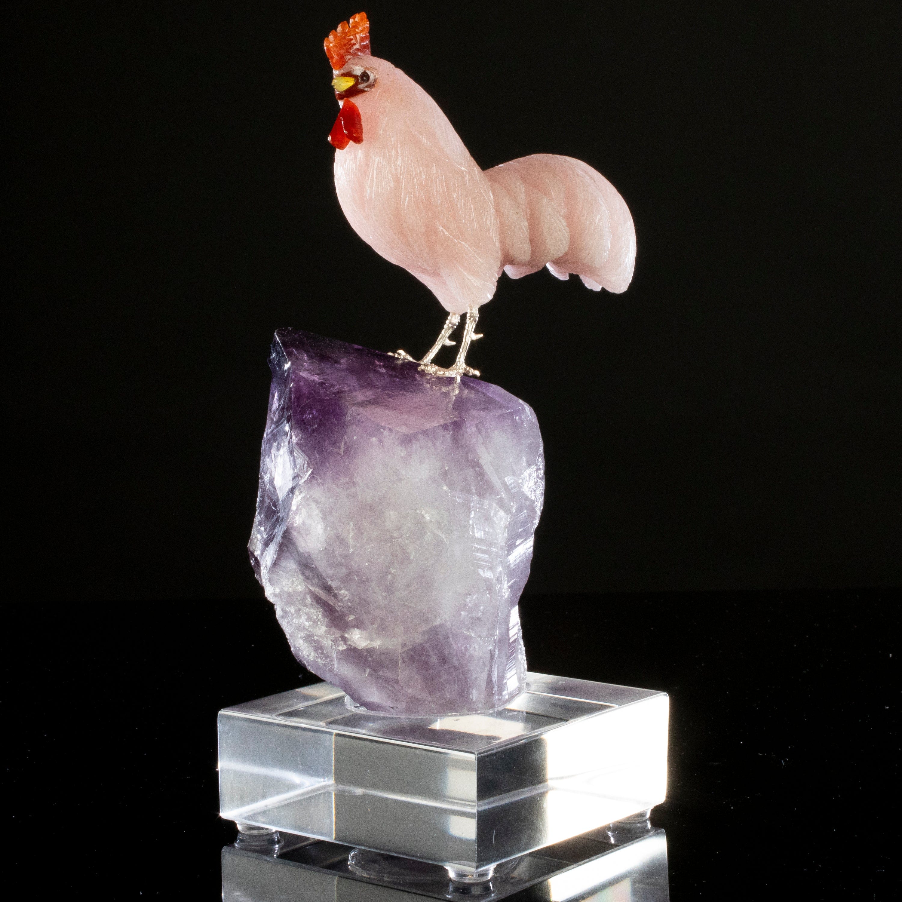 Kalifano Love Birds Carvings Rose Quartz Rooster Love Bird Carving on Amethyst Point Base LB.A127.002