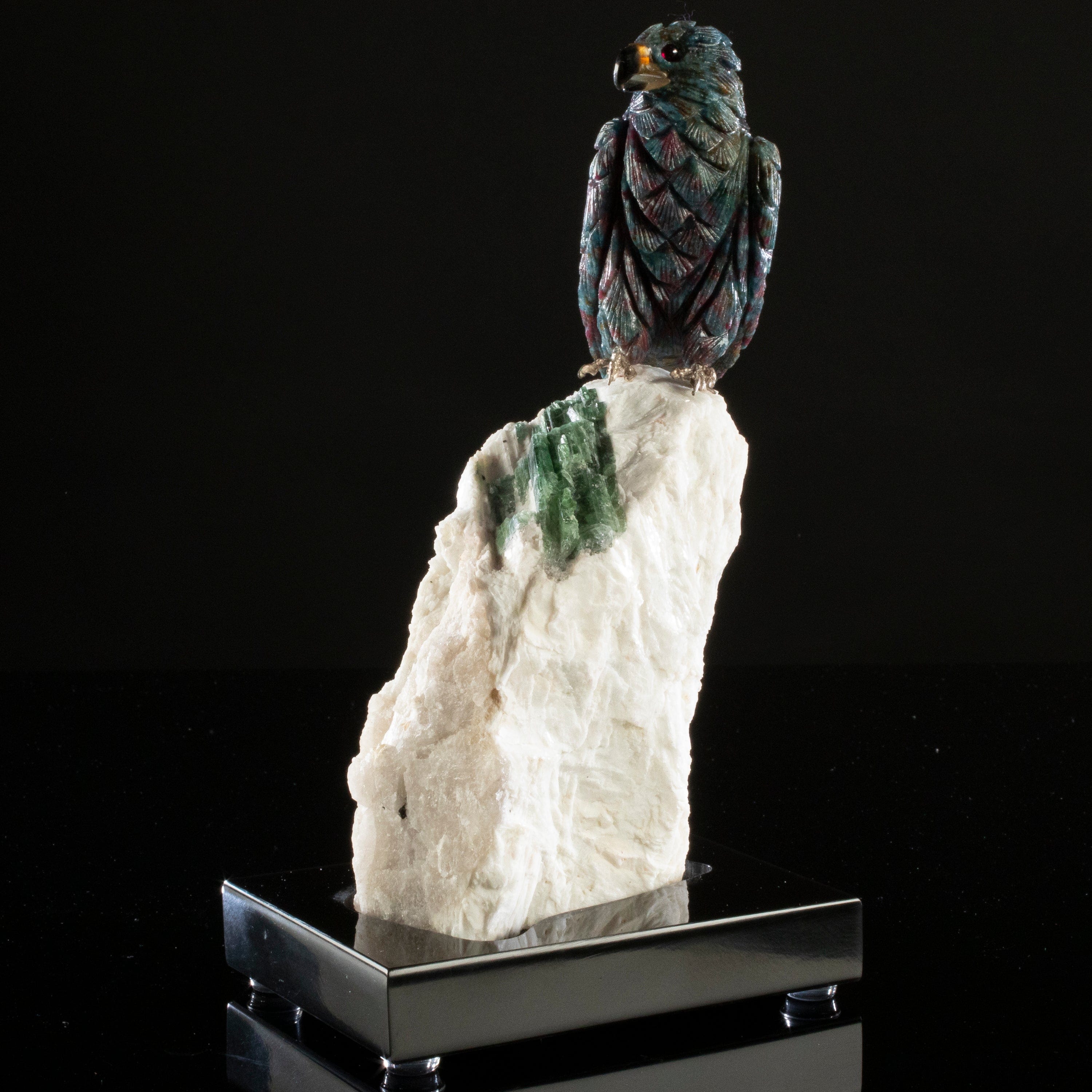 Kalifano Love Birds Carvings Rubizoisite Falcon Love Bird Carving on Calcite & Green Tourmaline Base LB.A163.004