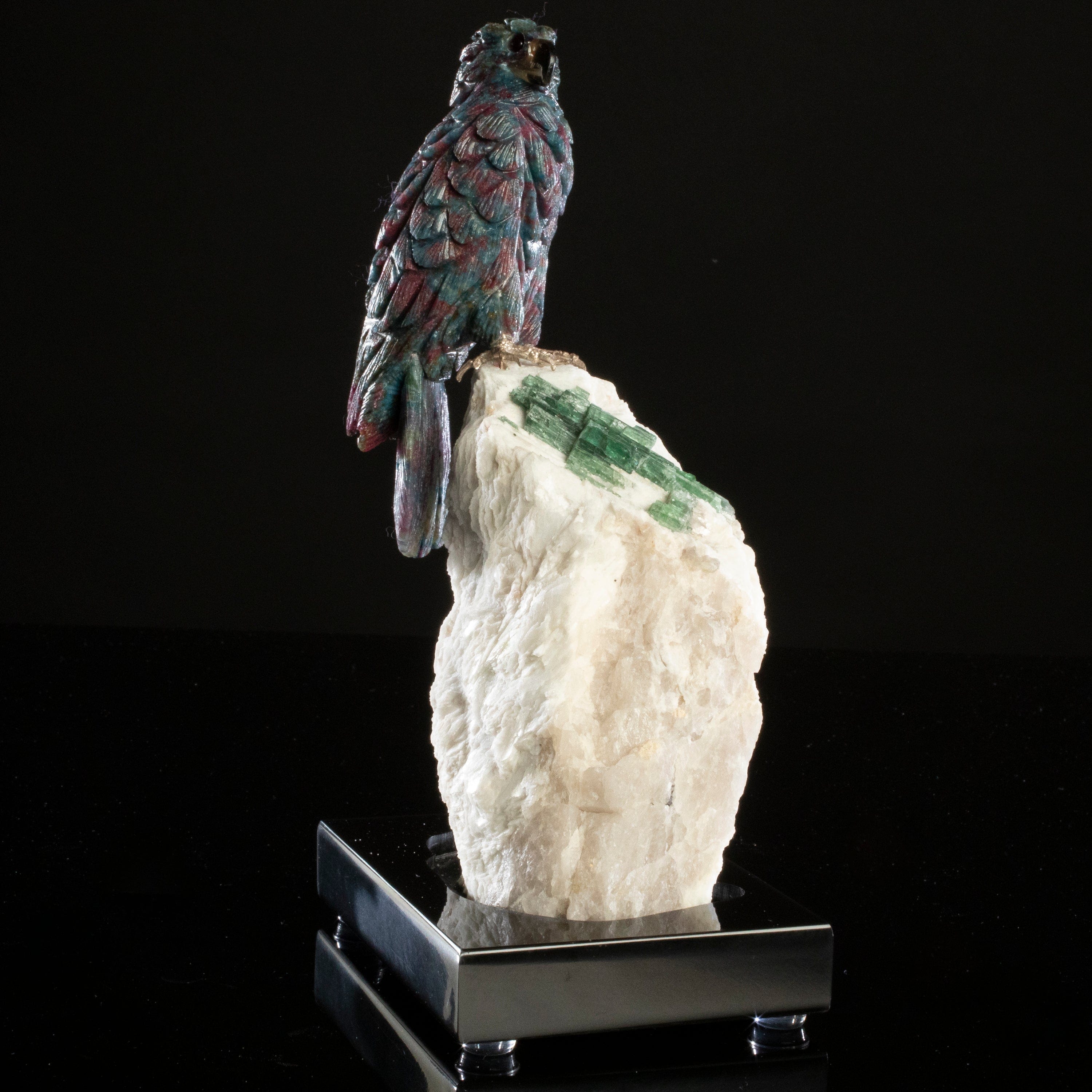 Kalifano Love Birds Carvings Rubizoisite Falcon Love Bird Carving on Calcite & Green Tourmaline Base LB.A163.004