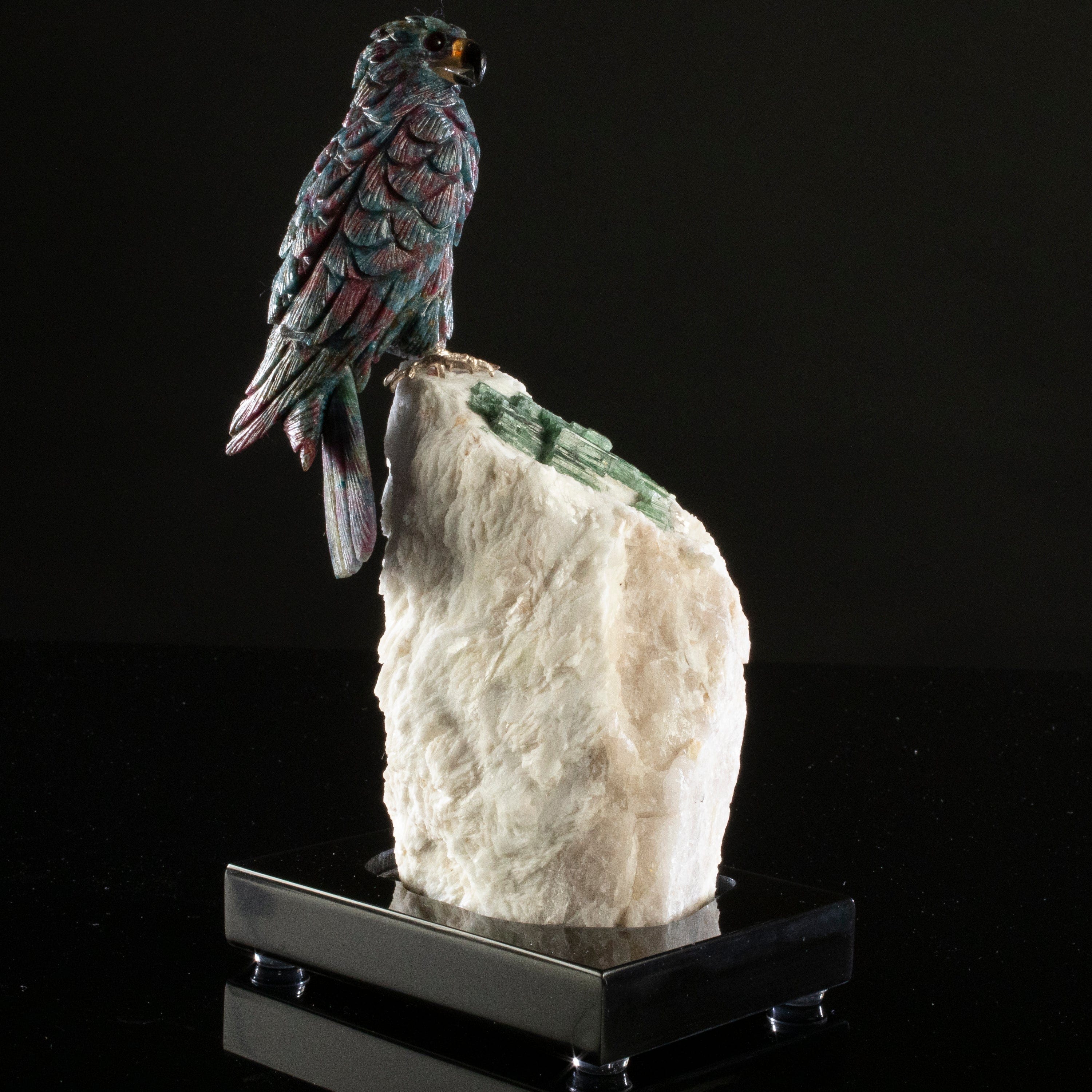 Kalifano Love Birds Carvings Rubizoisite Falcon Love Bird Carving on Calcite & Green Tourmaline Base LB.A163.004