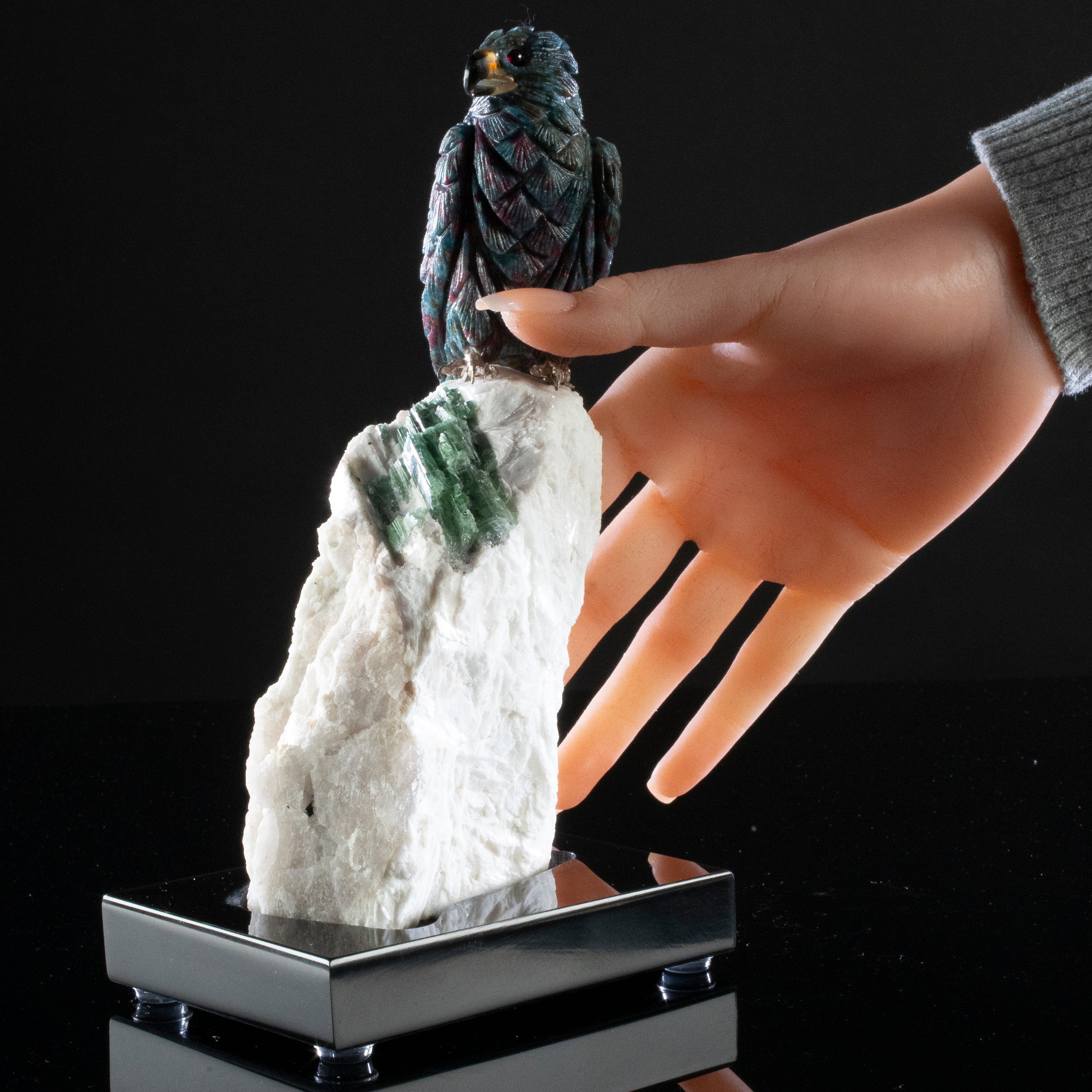 Kalifano Love Birds Carvings Rubizoisite Falcon Love Bird Carving on Calcite & Green Tourmaline Base LB.A163.004