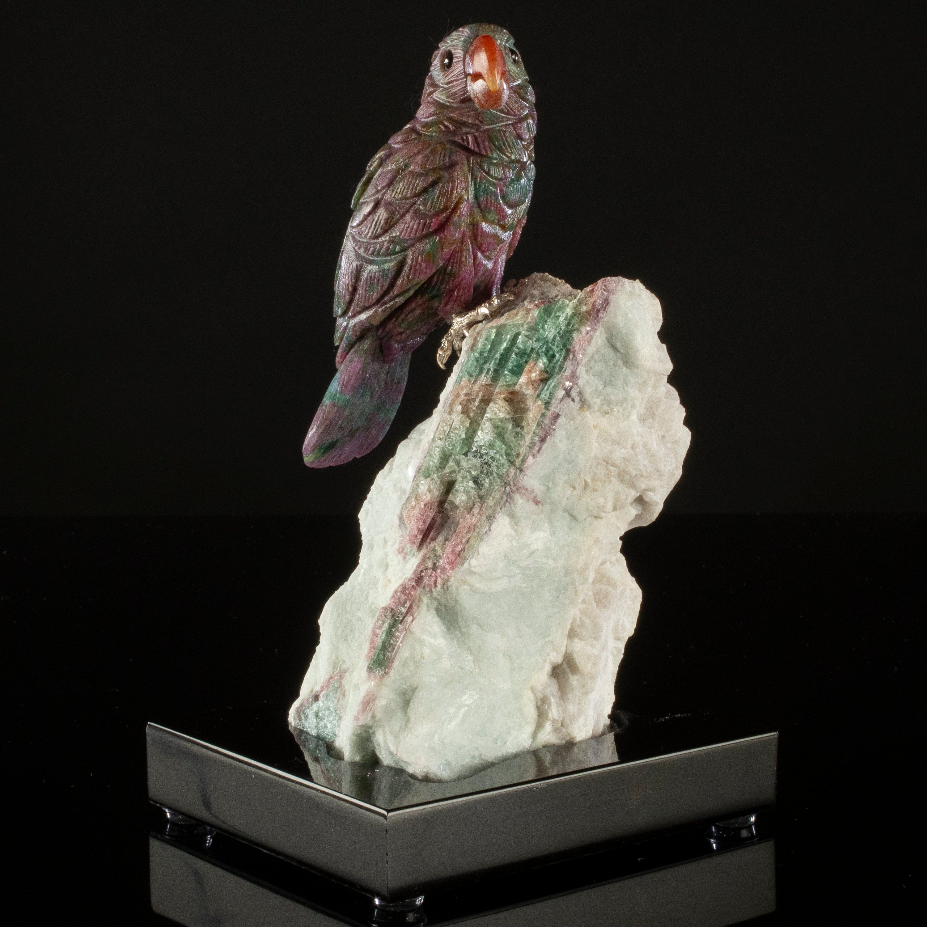 Kalifano Love Birds Carvings Rubizoisite Parrot Love Bird Carving on Watermelon Tourmaline Base LB.B128.002