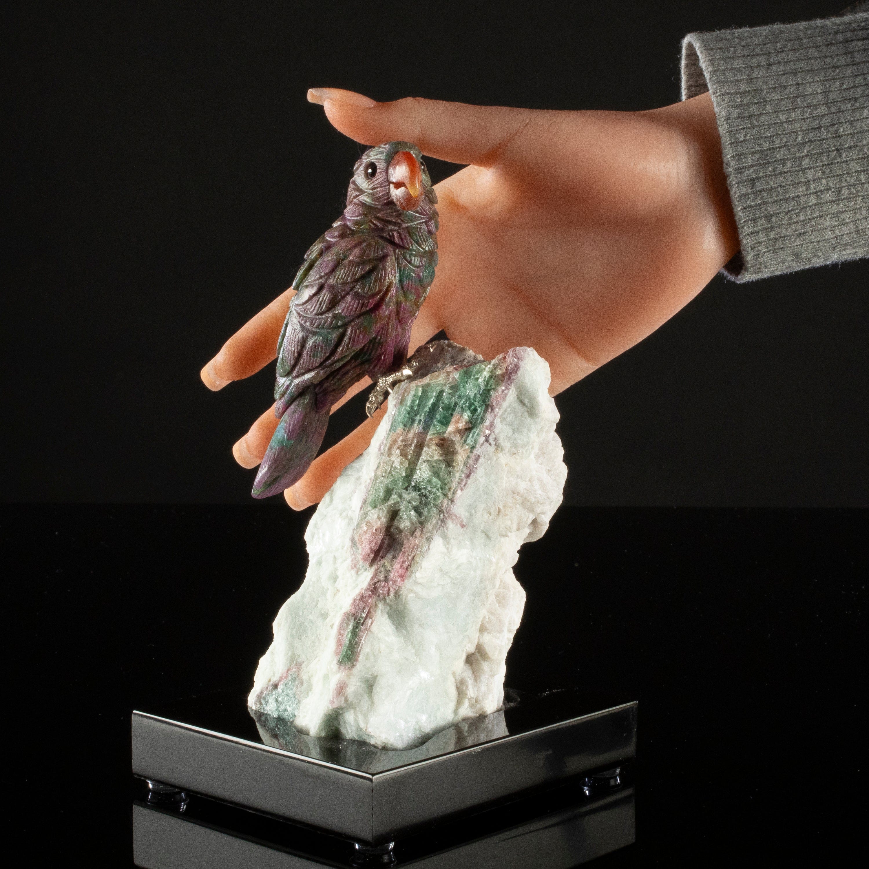 Kalifano Love Birds Carvings Rubizoisite Parrot Love Bird Carving on Watermelon Tourmaline Base LB.B128.002