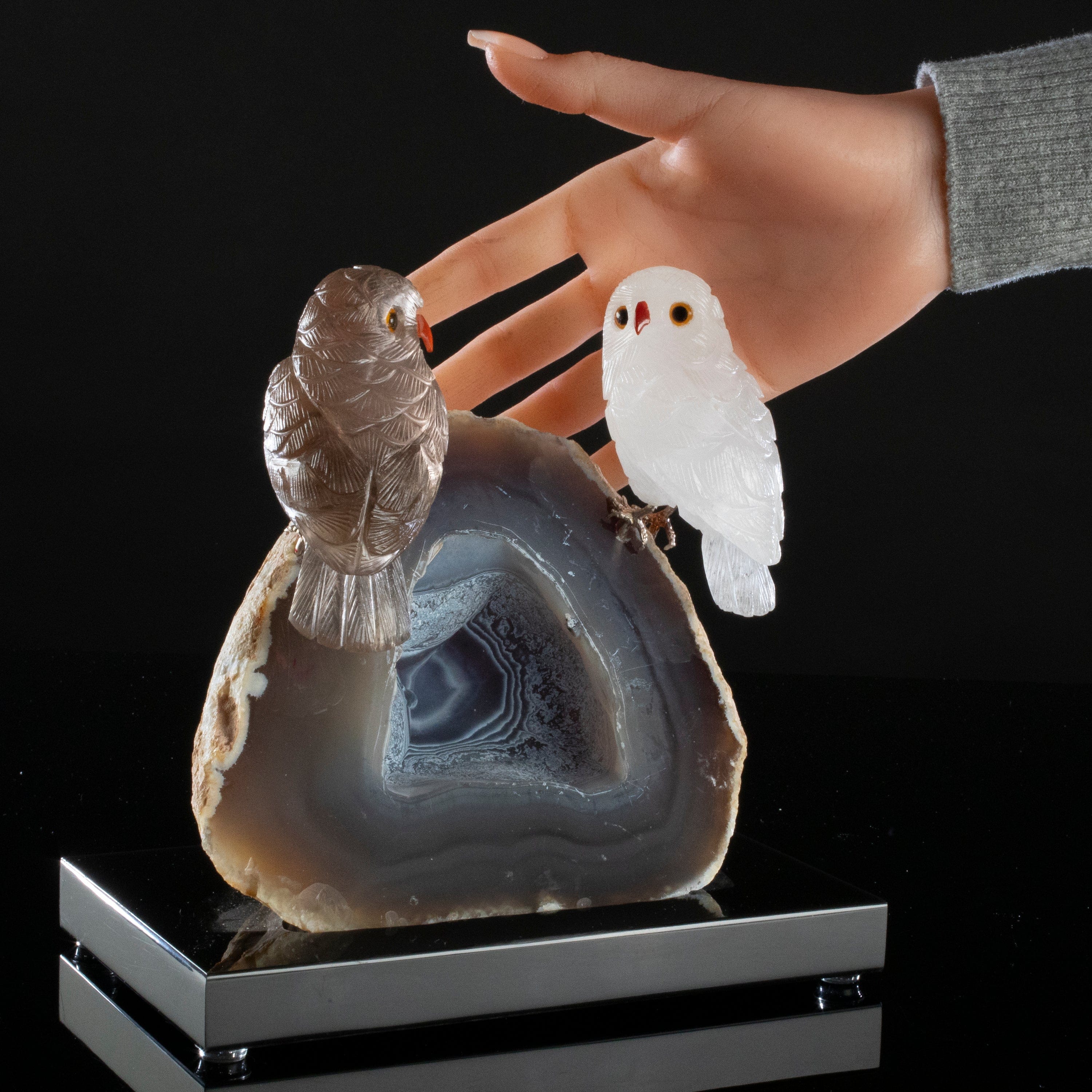 Kalifano Love Birds Carvings Smoky Quartz & Quartz Owl Love Bird Carving on Agate Base LB.A229.009