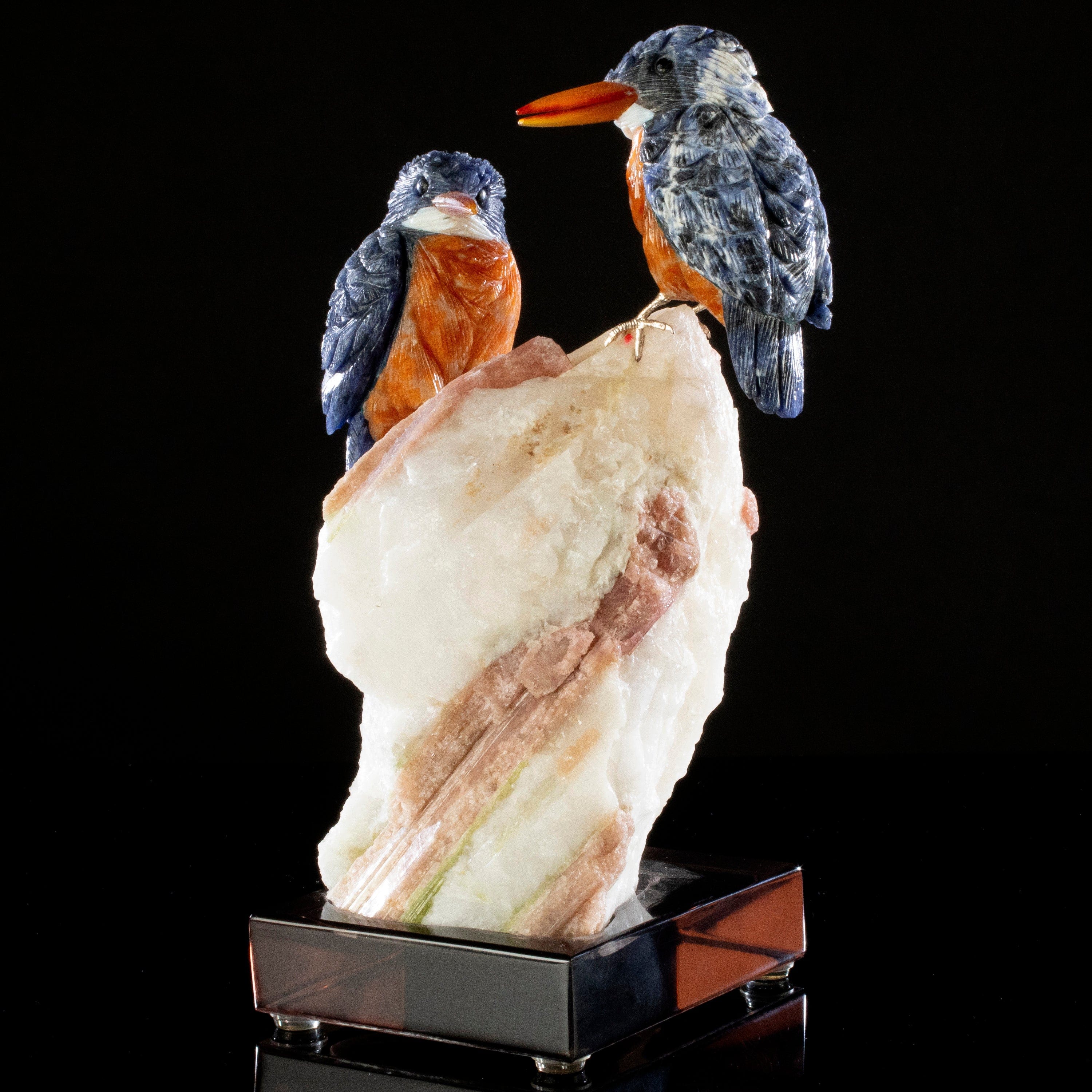 Kalifano Love Birds Carvings Sodalite Belted Kingfisher Love Birds Carving on Tourmaline Base LB.A230.002