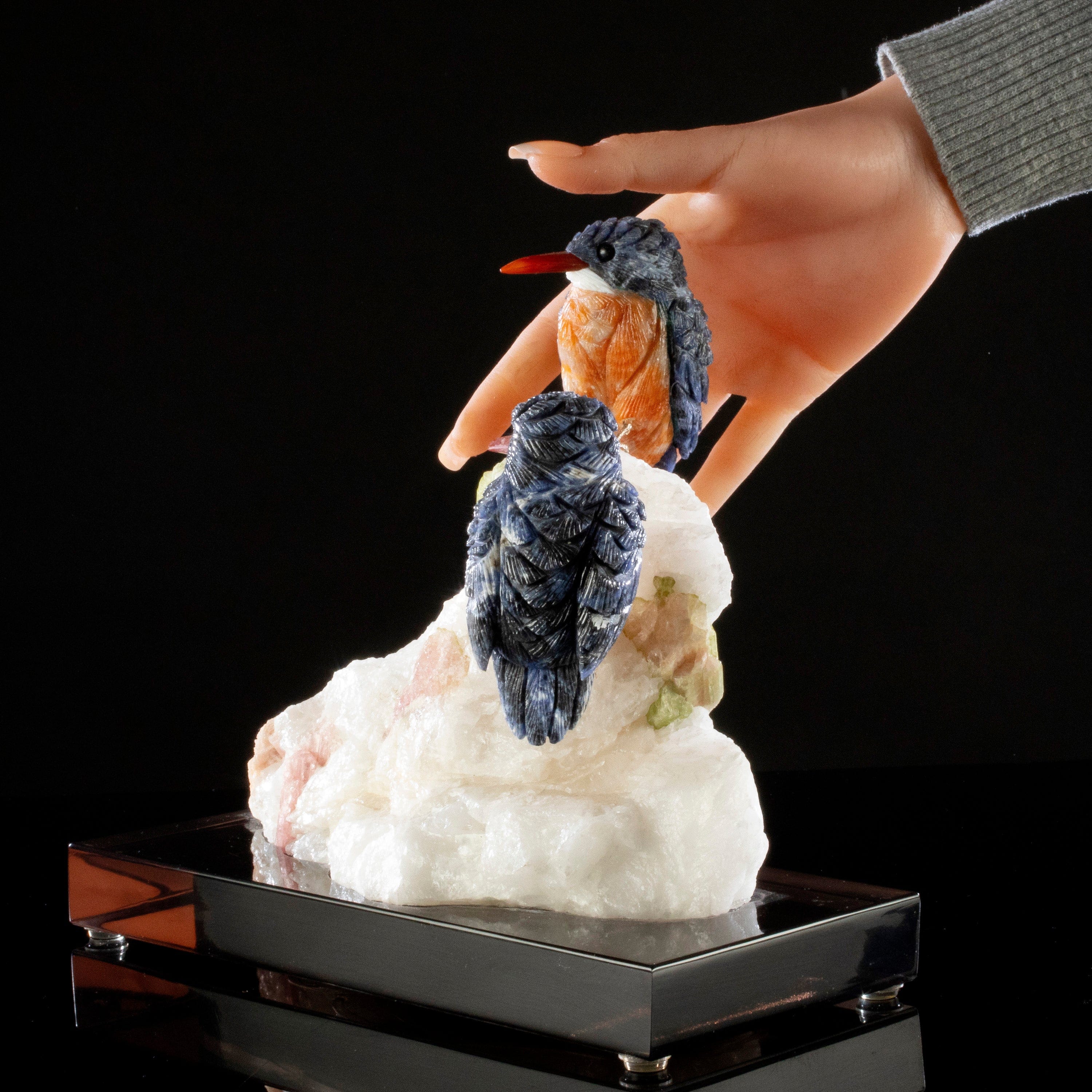 Kalifano Love Birds Carvings Sodalite Belted Kingfisher Love Birds Carving on Watermelon Tourmaline Base LB.A230.001