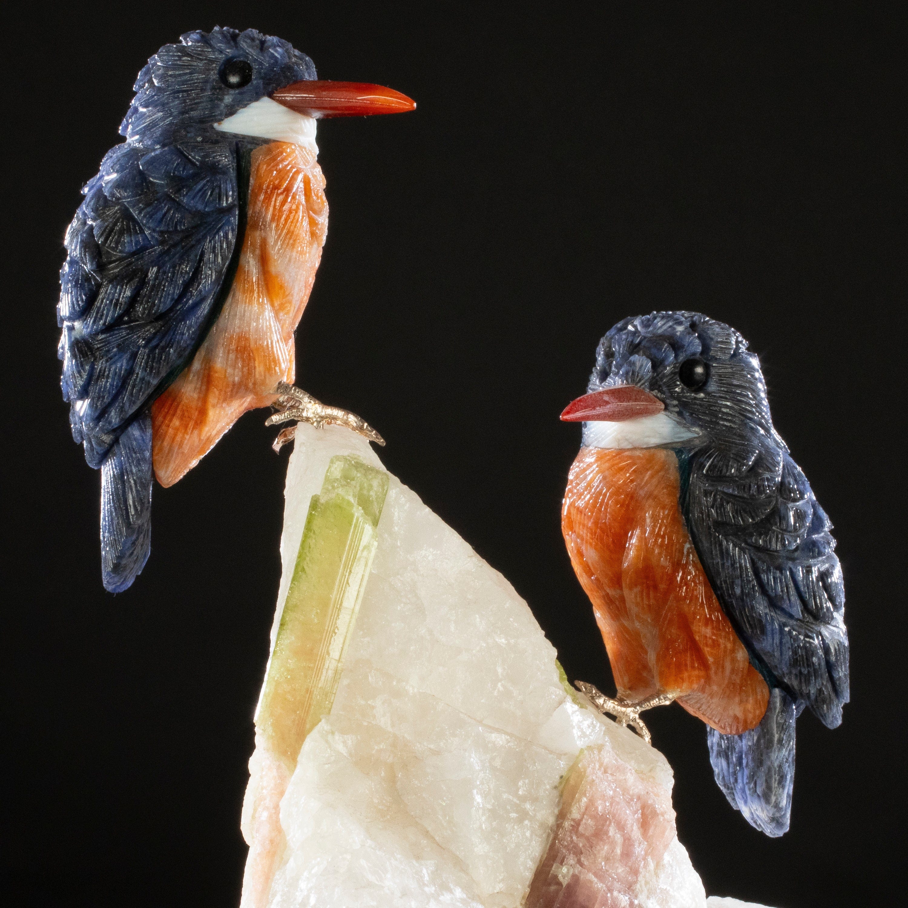 Kalifano Love Birds Carvings Sodalite Belted Kingfisher Love Birds Carving on Watermelon Tourmaline Base LB.A230.001