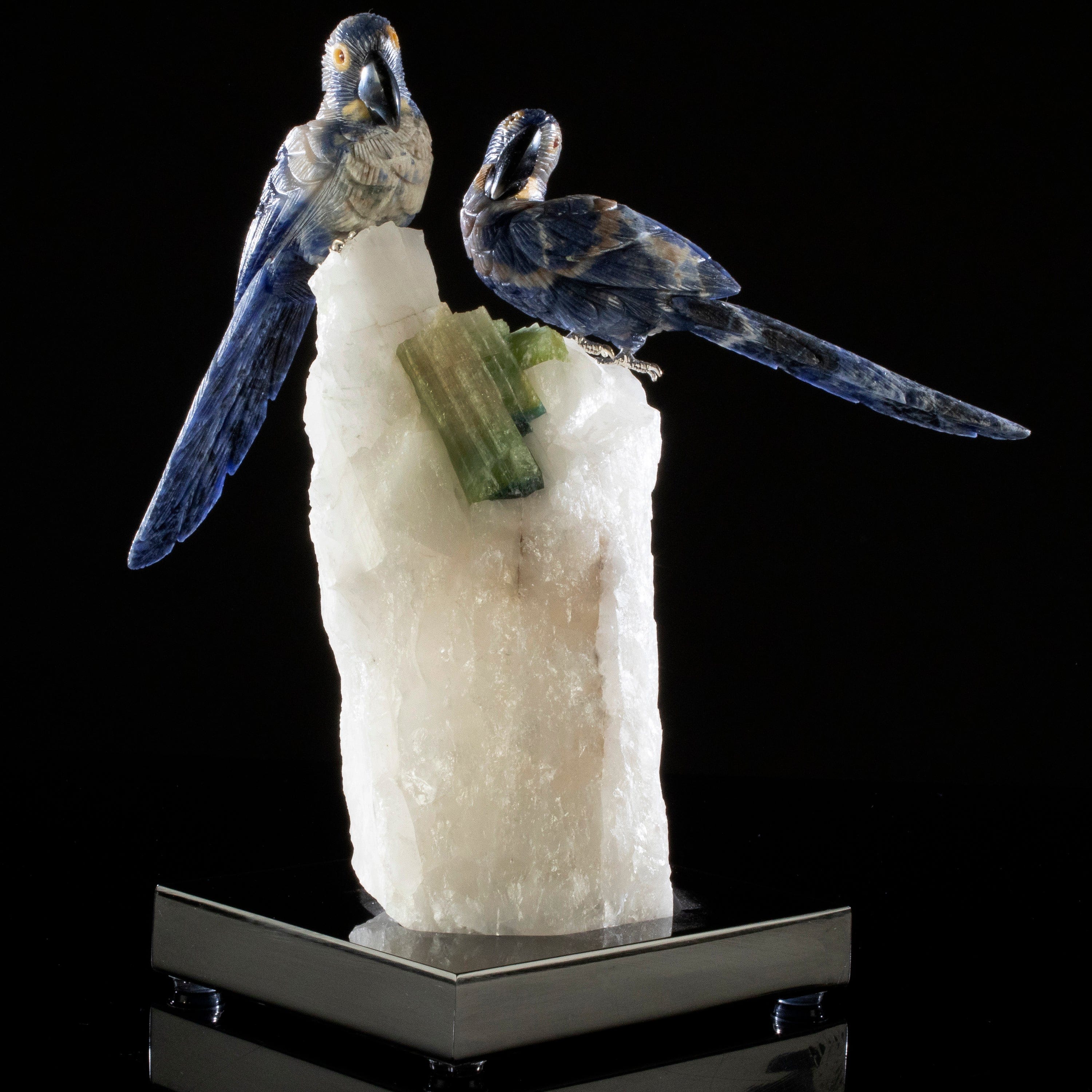 Kalifano Love Birds Carvings Sodalite Hyacinth Love Bird Carvings on Quartz & Tourmaline Base LB.B201.004