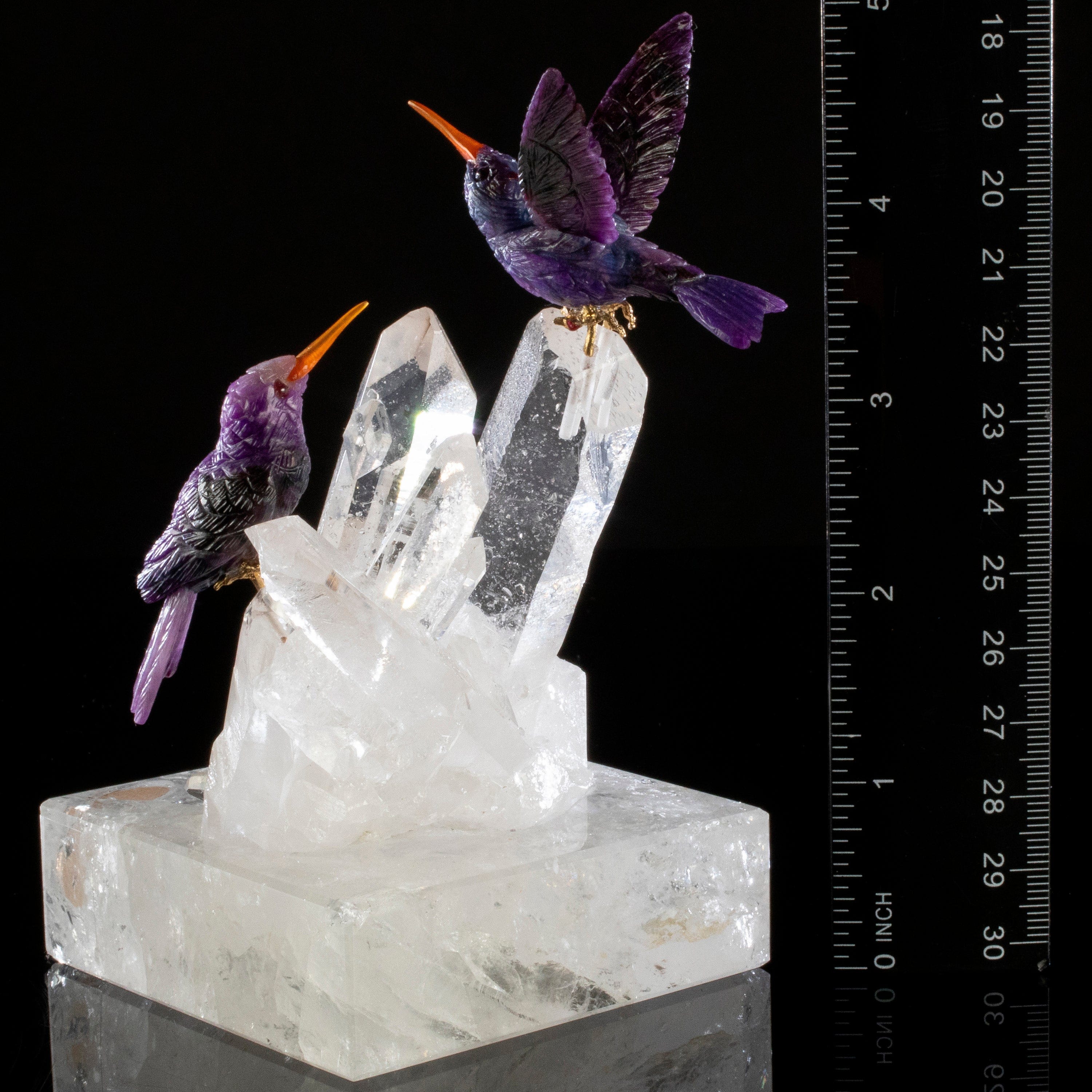 Kalifano Love Birds Carvings Sugilite Hummingbird Couple Love Birds Carving on Clear Quartz Point Cluster Base LB.12334.001