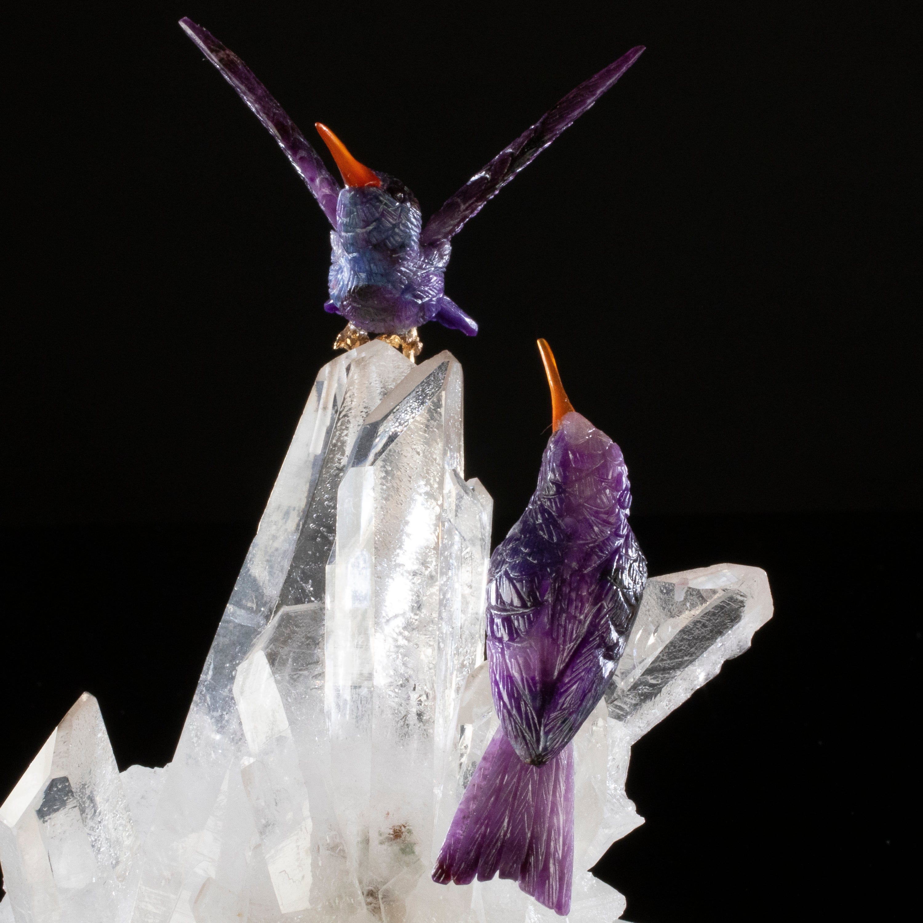 Kalifano Love Birds Carvings Sugilite Hummingbird Couple Love Birds Carving on Clear Quartz Point Cluster Base LB.12334.001