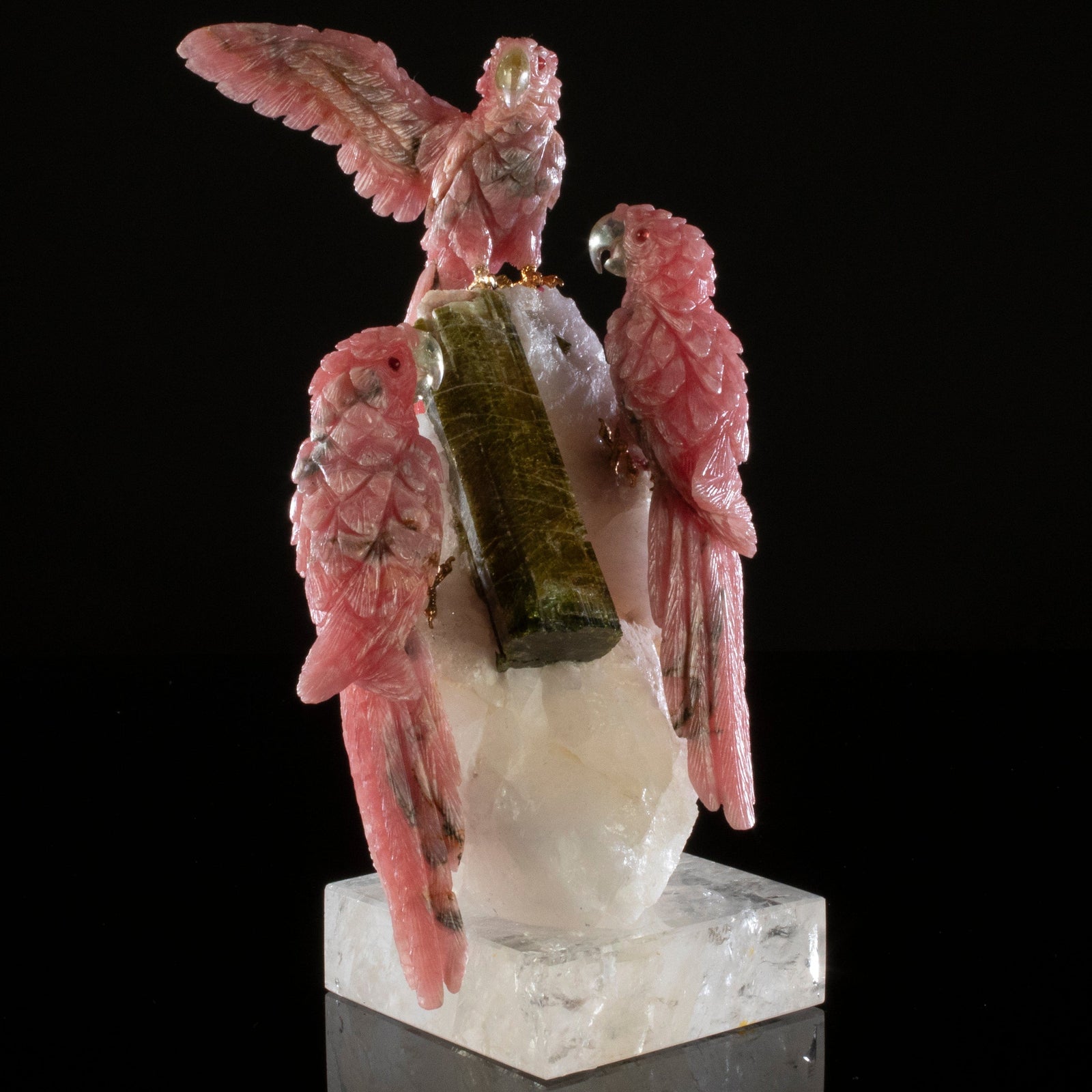 Kalifano Love Birds Carvings Triple Rhodochrosite Macaw Love Birds Carving on Quartz & Green Tourmaline Base LB.10472.001