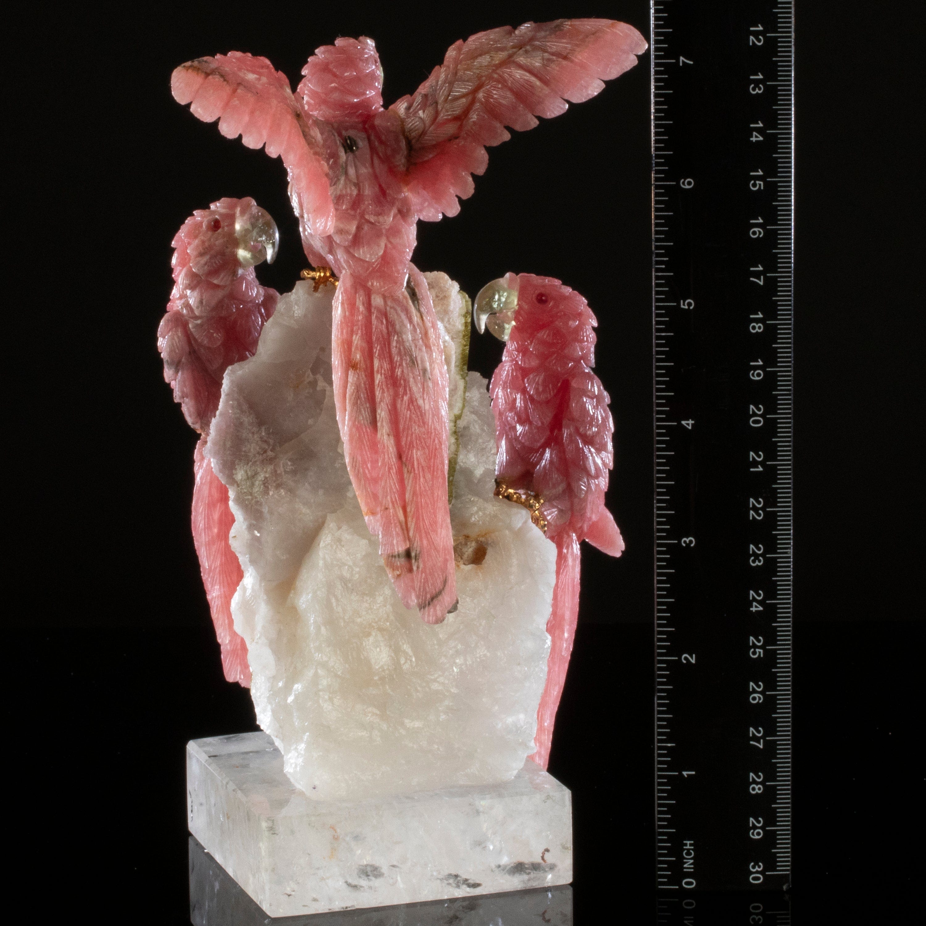 Kalifano Love Birds Carvings Triple Rhodochrosite Macaw Love Birds Carving on Quartz & Green Tourmaline Base LB.10472.001