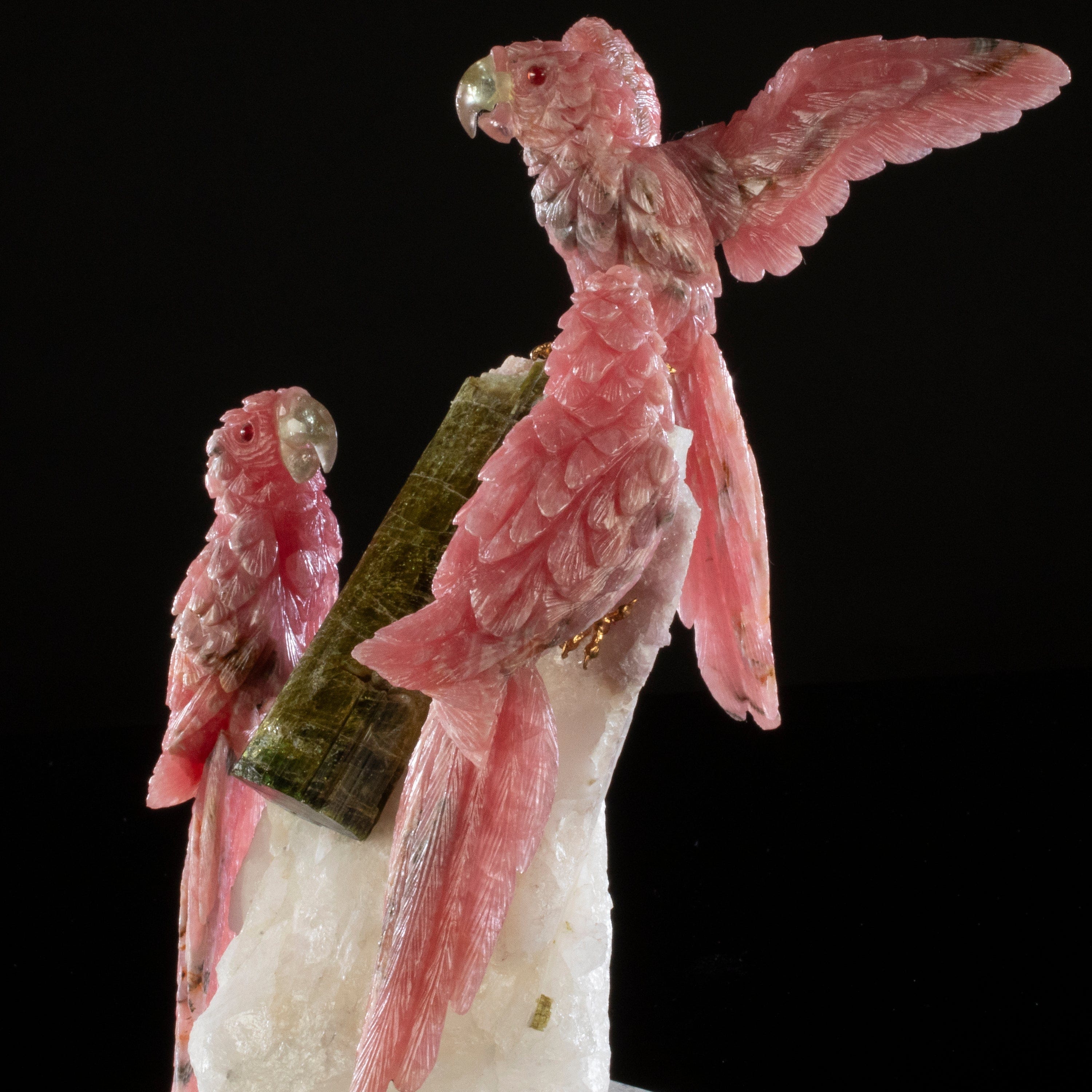 Kalifano Love Birds Carvings Triple Rhodochrosite Macaw Love Birds Carving on Quartz & Green Tourmaline Base LB.10472.001