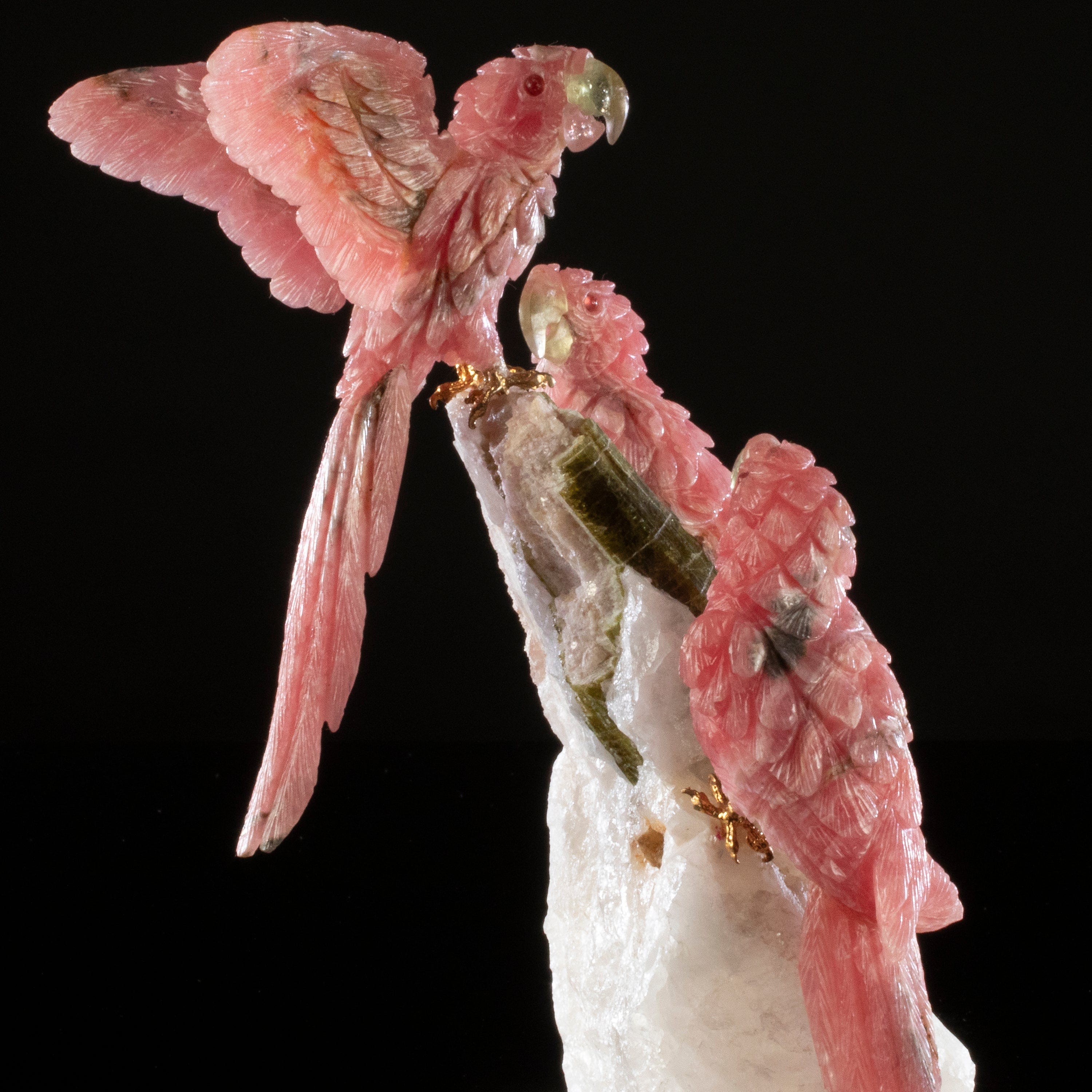 Kalifano Love Birds Carvings Triple Rhodochrosite Macaw Love Birds Carving on Quartz & Green Tourmaline Base LB.10472.001