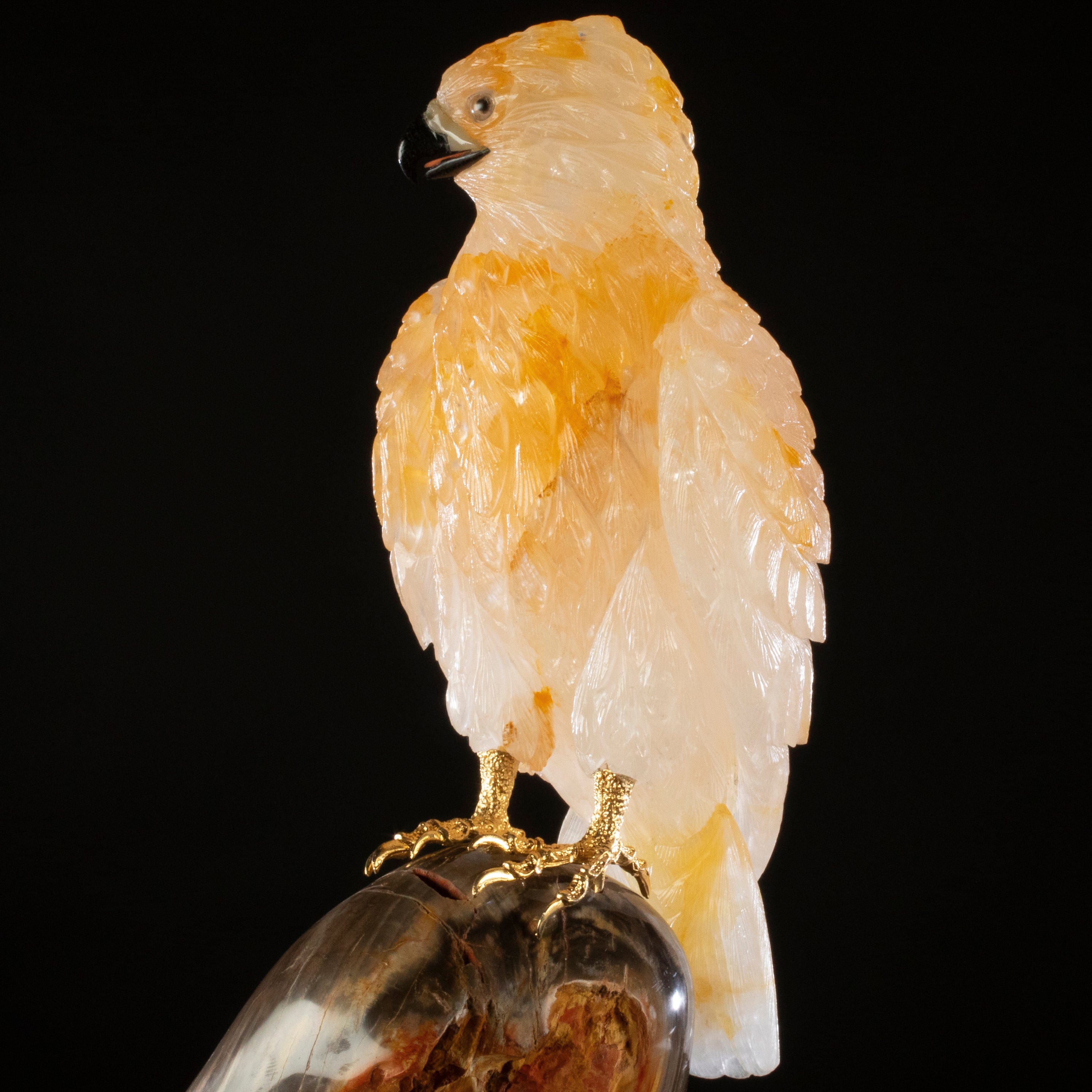 Kalifano Love Birds Carvings Yellow Quartz Hawk Couple Love Birds Carving on Petrified Wood Base LB.12348.001