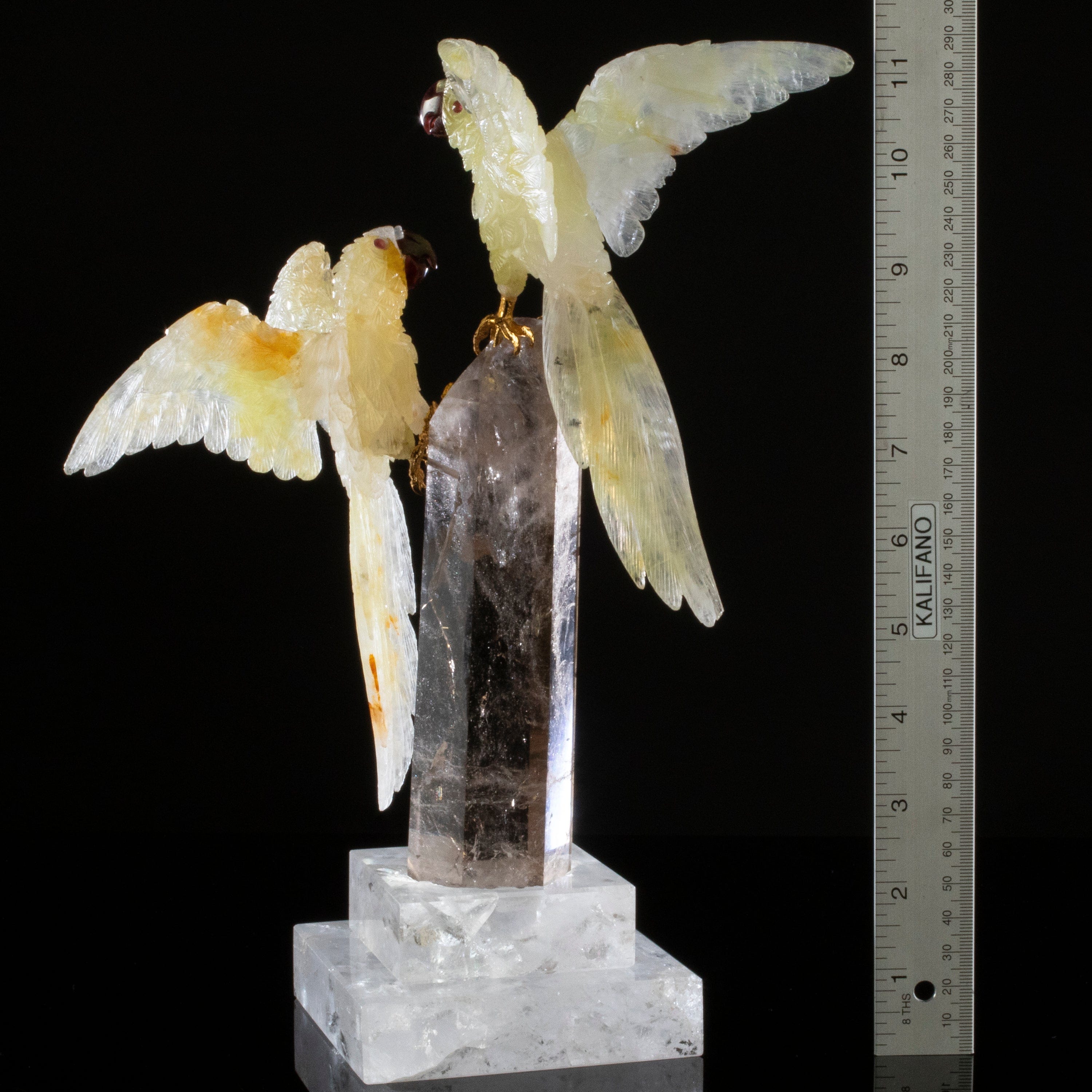 Kalifano Love Birds Carvings Yellow Quartz Macaw Couple Love Birds Carving on Smoky Quartz Base LB.10889.001