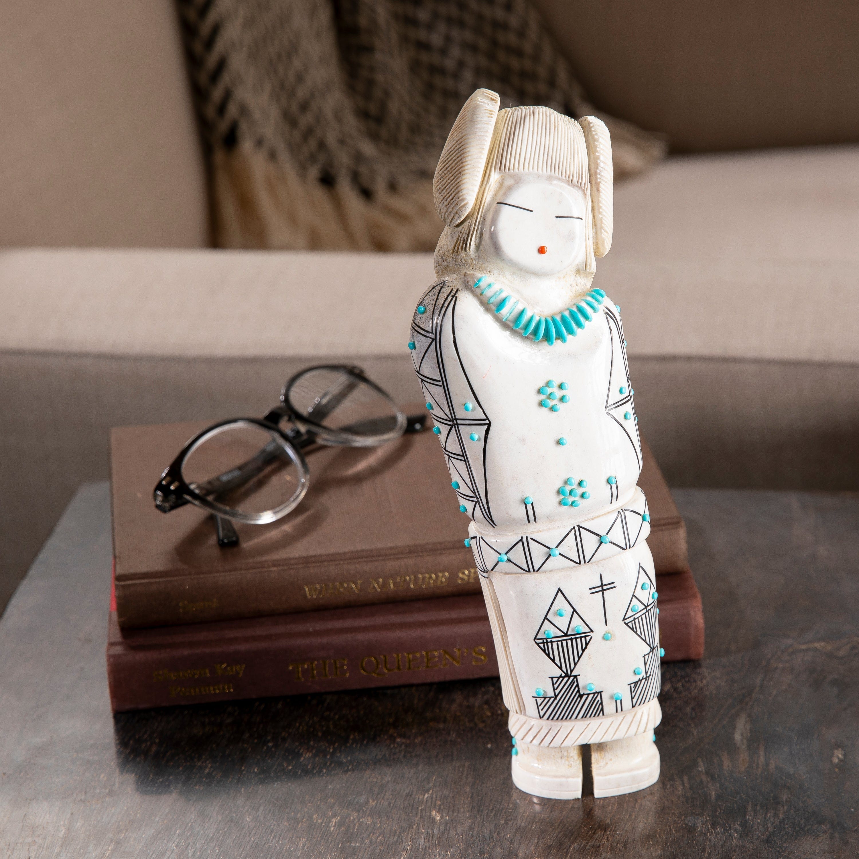 Kalifano Native American Fetish Carvings Claudia Peina Serpentine with Turquoise & Coral Handmade Zuni Maiden Fetish Carving NAC2980.003