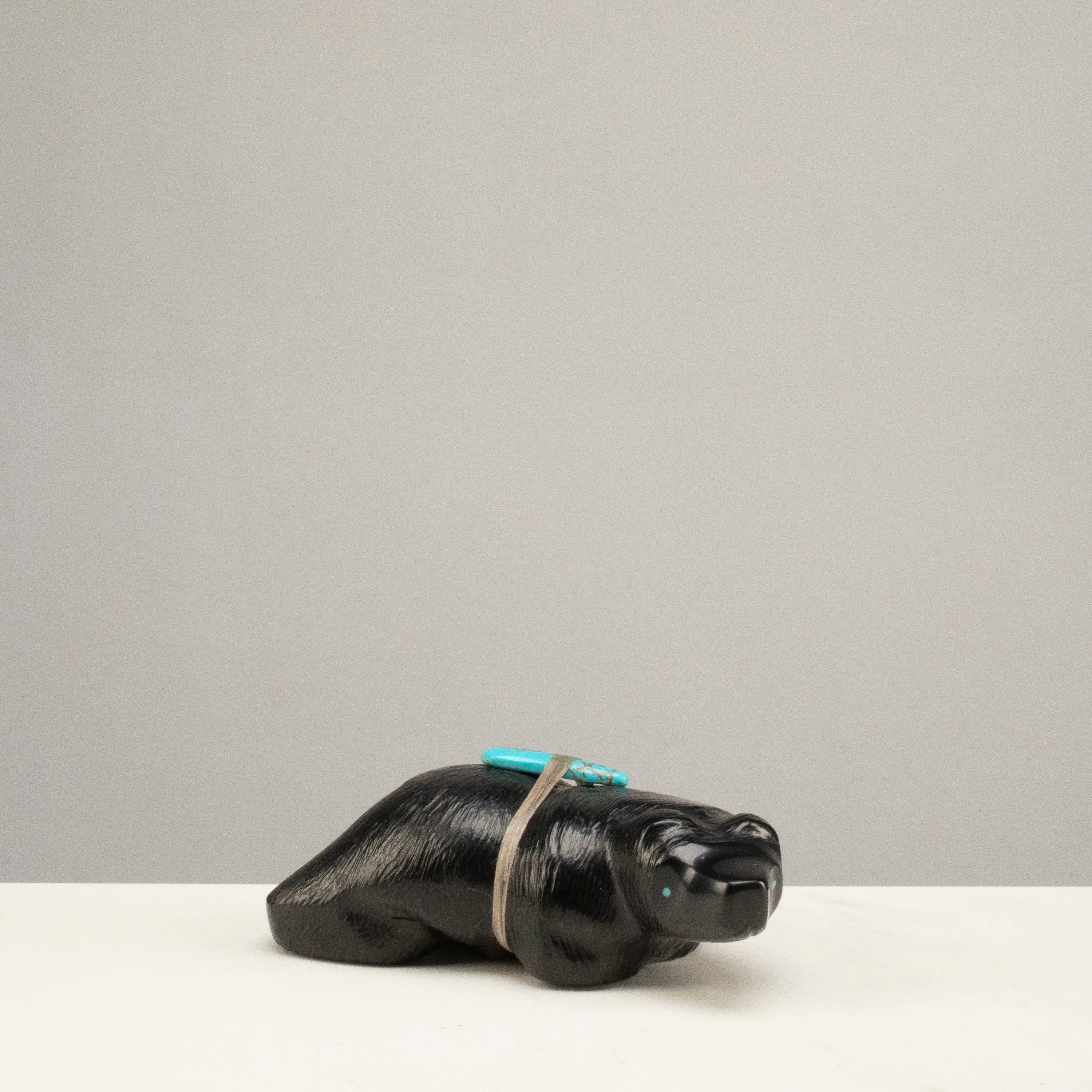 Kalifano Native American Fetish Carvings Herbert Halate Jet and Turquoise Handmade Zuni Fetish Bear Carving NAC840.002