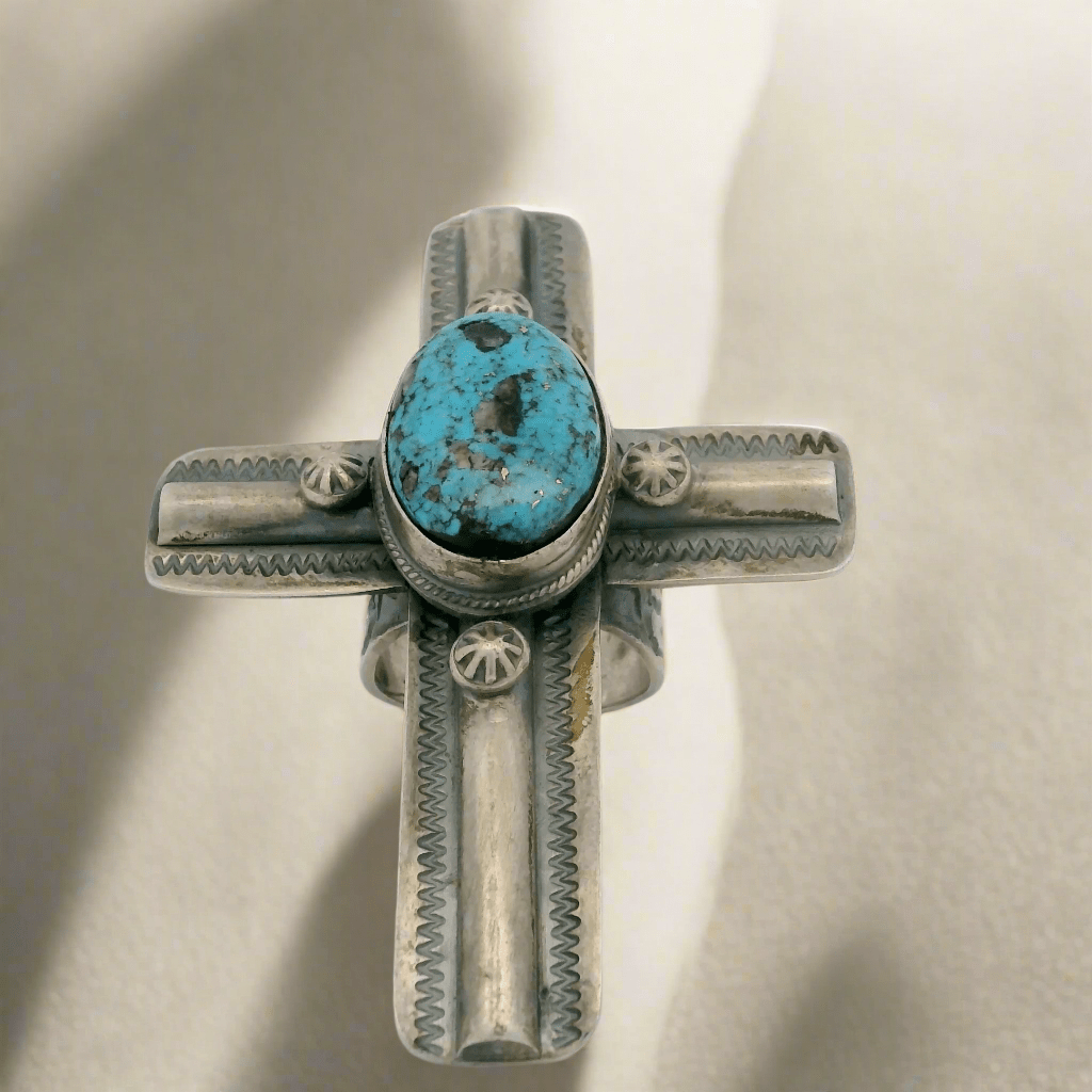 Kalifano Native American Jewelry 10 Sandra Nez Kingman Turquoise Cross Navajo USA Native American Made 925 Sterling Silver Ring NAR1800.018.10