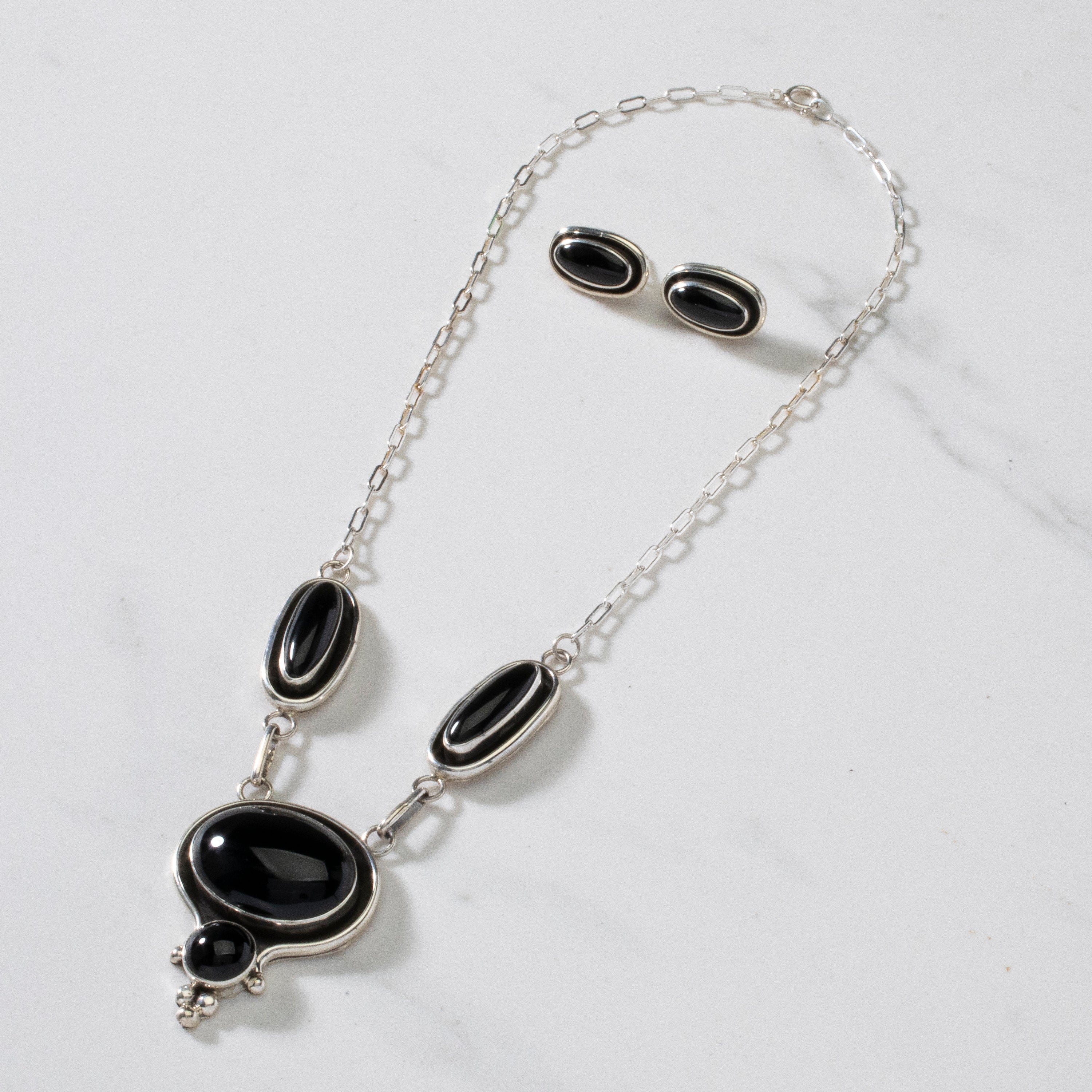 Kalifano Native American Jewelry 16" Paul Livingston Black Onyx Navajo USA Native American Made 925 Sterling Silver Choker Necklace & Earring Set NAN900.018