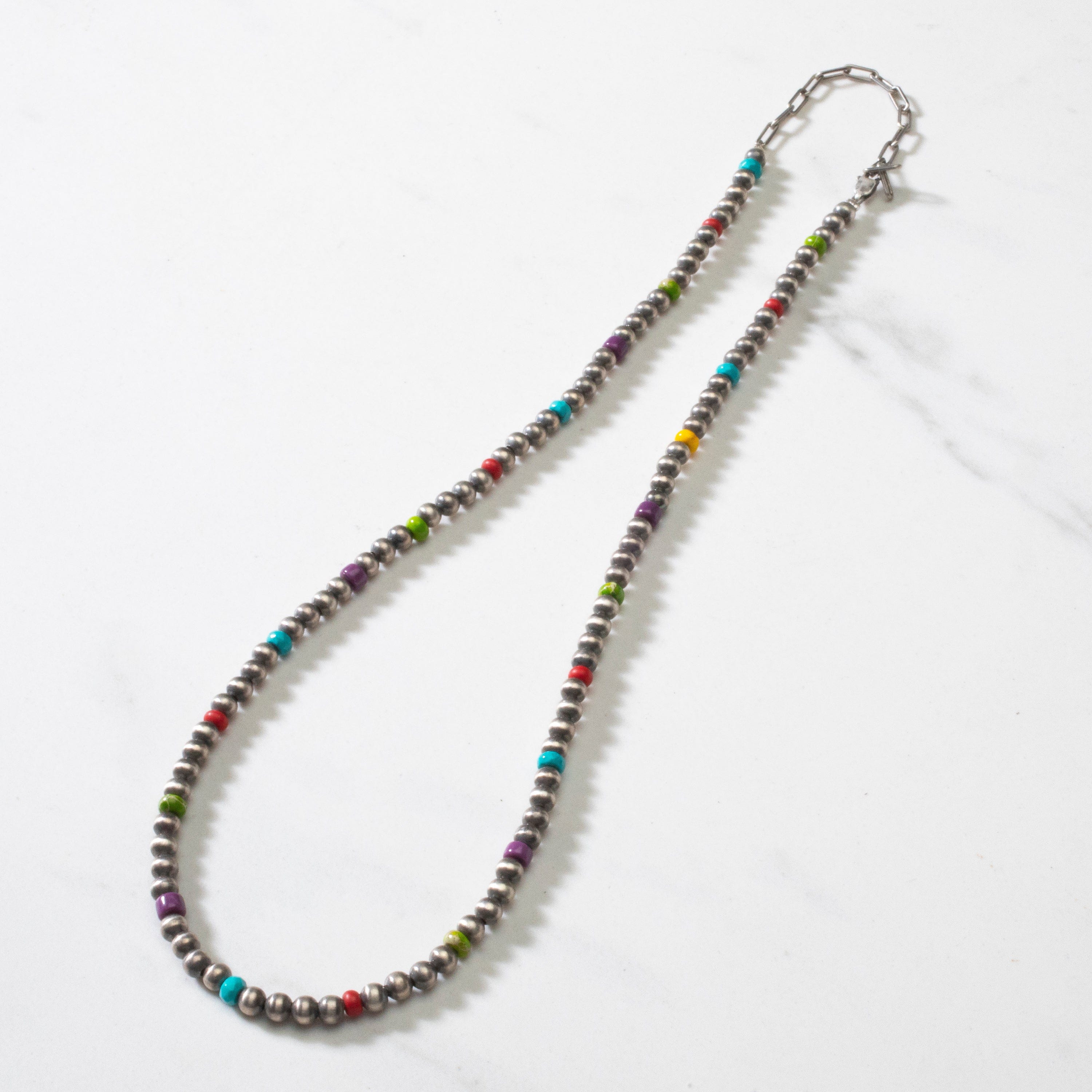 Kalifano Native American Jewelry 16" Single Strand 4mm Navajo Pearl & Multi Gem USA Native American Made 925 Sterling Silver Necklace NAN500.011